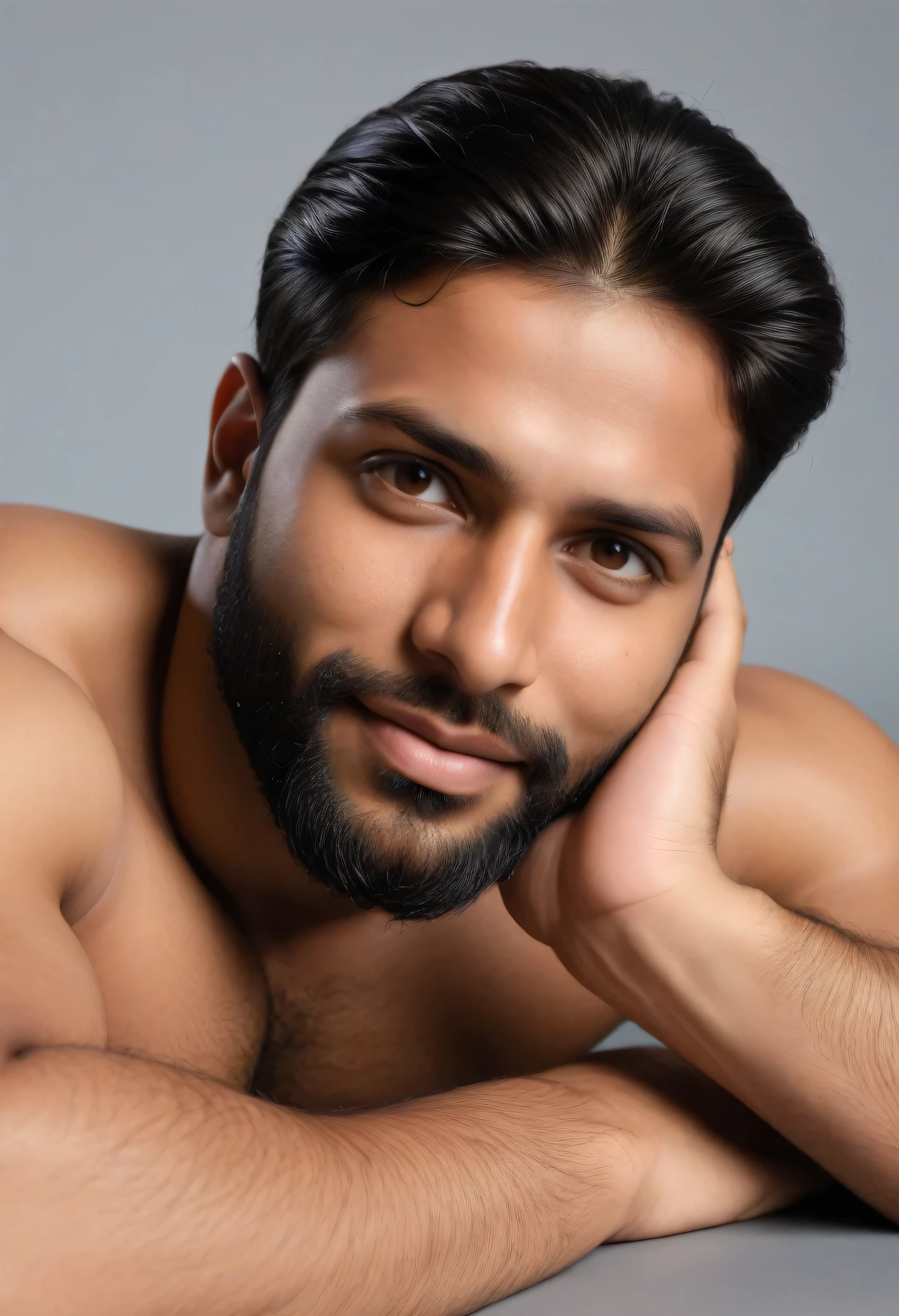 masterpiece, best quality, amazing quality, high quality, photorealistic, human, 1boy, Indian, beard, short Indian hair:1.5, dark body, huge muscle, topless, simple background, solo, lying on stomach, front, hand on his own cheek, focus face, close up face, smirk, full body,