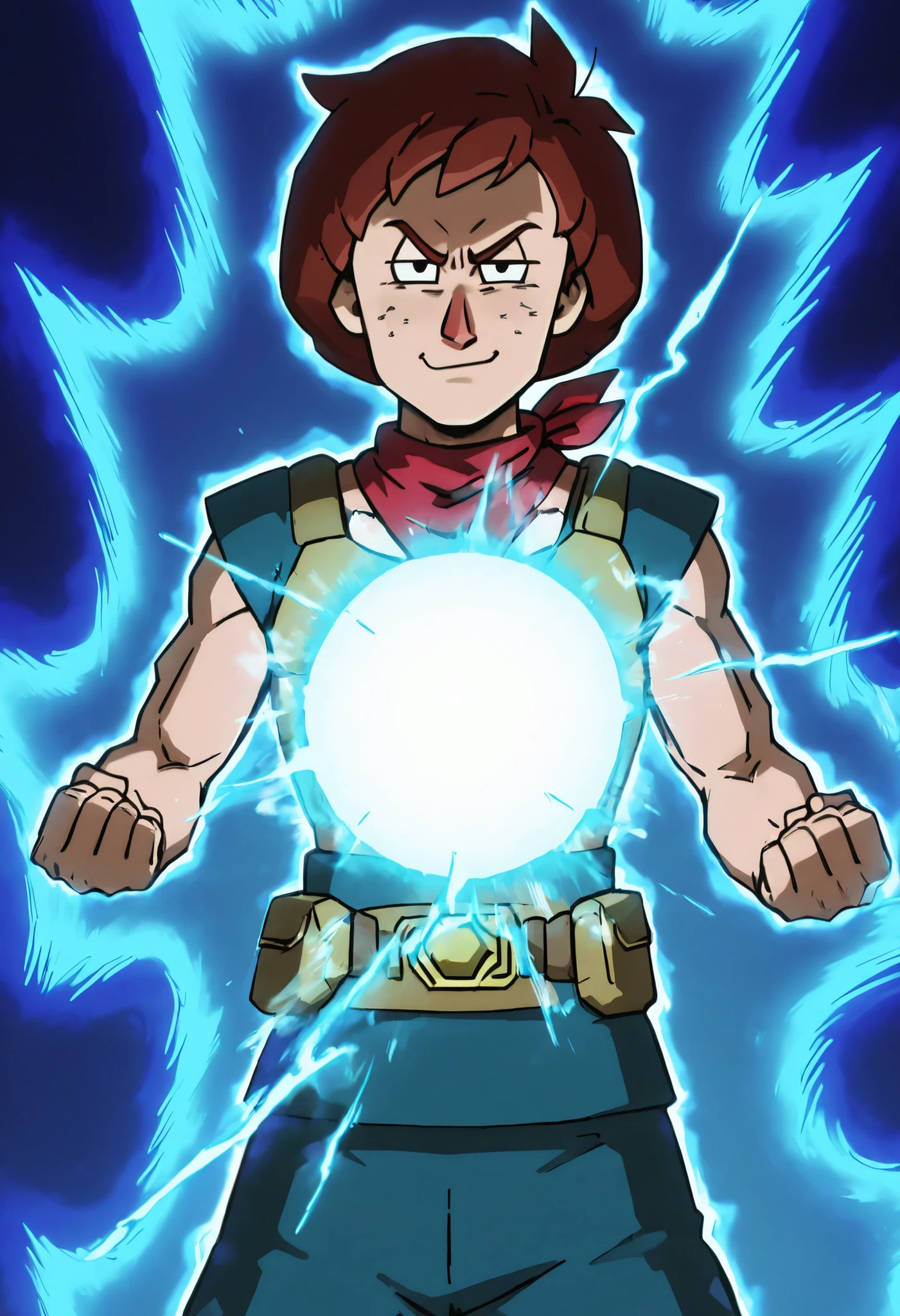masterpiece, best quality, solo,    zzBeedle, brown hair, short hair, 1boy,    ,<lora:BeedleZelda_IXL:1.0>, ,vivid aura, looking at viewer, blue background, smug, aura, super saiyan, charging energy, energy ball, energy, lightning, <lora:DBSBroly_Style_IXL_v2:0.6>,