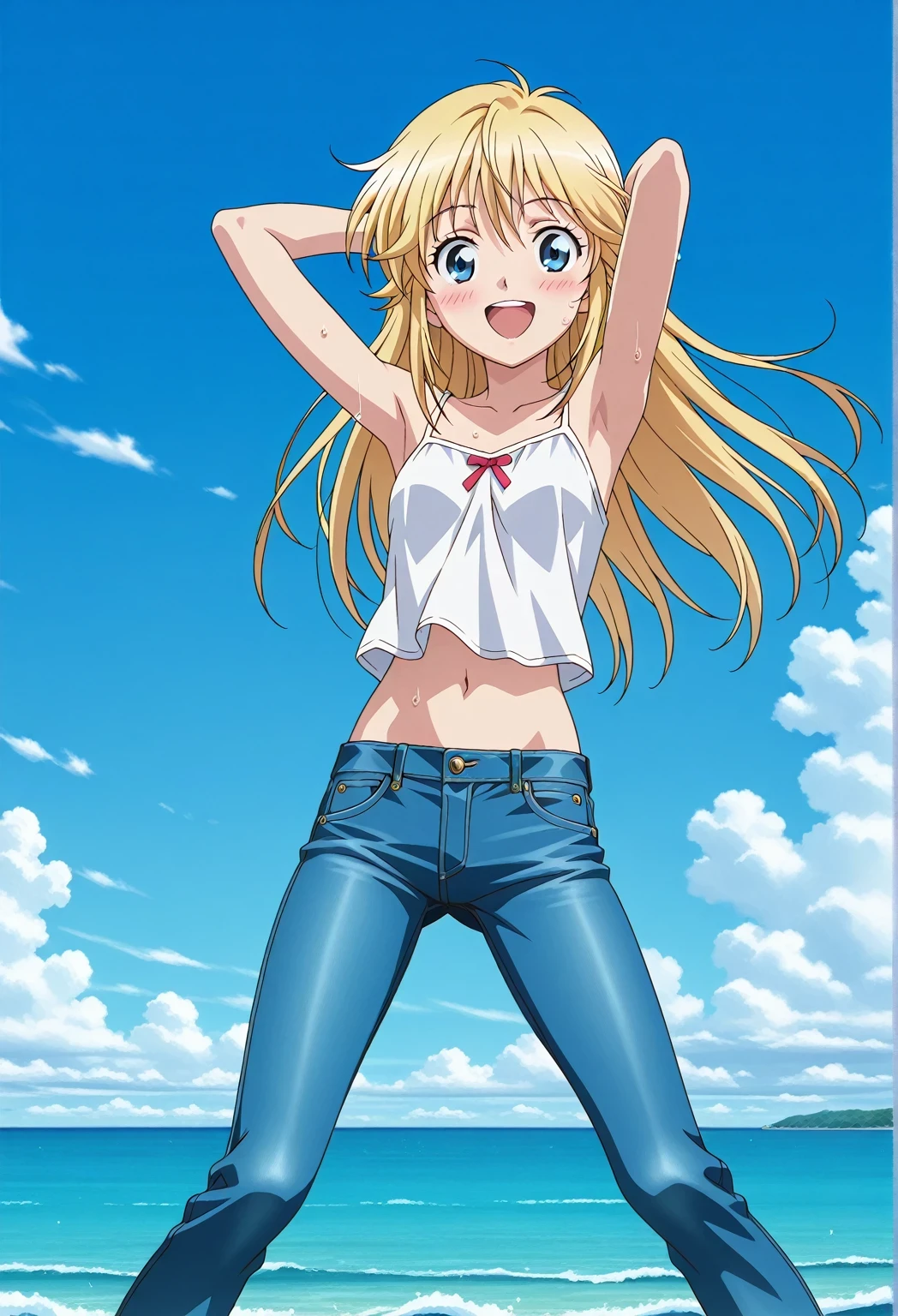score_9, score_8_up, score_7_up, source_anime, highres, hi res, ((best quality, top quality, perfect quality, Highest Quality, amazing quality)), {{masterpiece}}, {{an extremely delicate and beautiful}}, 2d, intricate details, official style, anime, 8k, anime style, official_anime, official art, digital painting, cell shading, soft shading, high resolution, soothing tones, Subdued Color, Soft cinematic light, adobe lightroom, photolab, HDR, intricately and hyper-detailed, ((high quality animation)), 1 girl, Alone, solo, ((ocean)), tsunami, on the water, day, sunny, outdoors, sky, windy, Cleao Everlasting, blue eyes, blonde hair, long hair, anime screencap, small breasts, white camisole top, crop top, white crop top, best quality, hyper-detailed jeans, ((blue jeans:1.9)), (dark blue jeans:0.6), full medium body, medium shot, Open mouth, smiling, happy face, blush, sweat, standing, ((arms behind head:6.0)), bowlegged, jumping pose, action, looking at viewer, spread legs, Bend knees slightly, straight-on front view