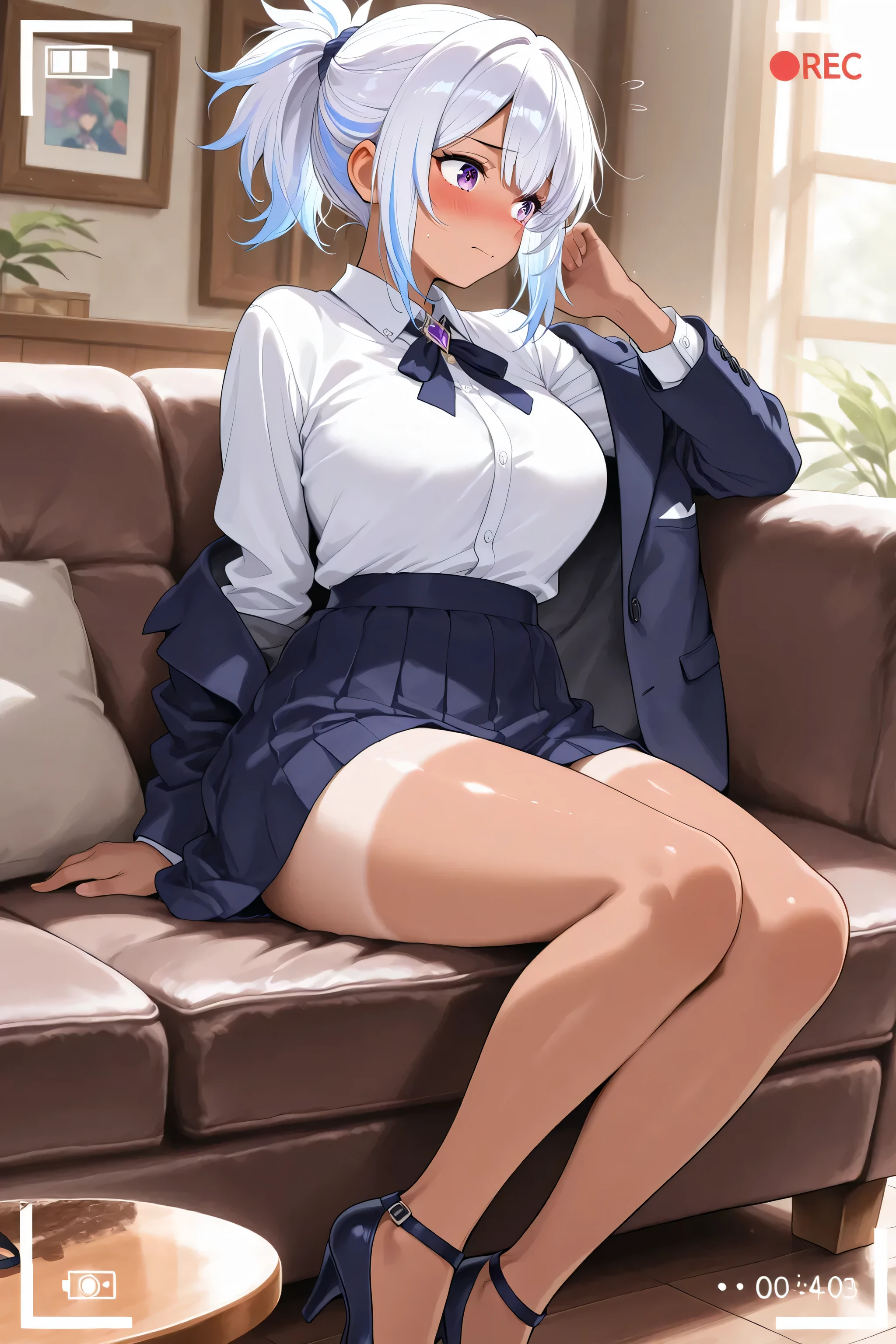 masterpiece:1.3、ultra high resolution:1.3、Beautiful woman、alone、G cup、ponytail、two tone hair、beautiful silver hair、blue eyelid body image、real moist skin、cute、smile、fashion、uniform、blazer、shirt、skirt、tie、Haori:1.3、outdoors、machine、summer、hand、feet、shoes