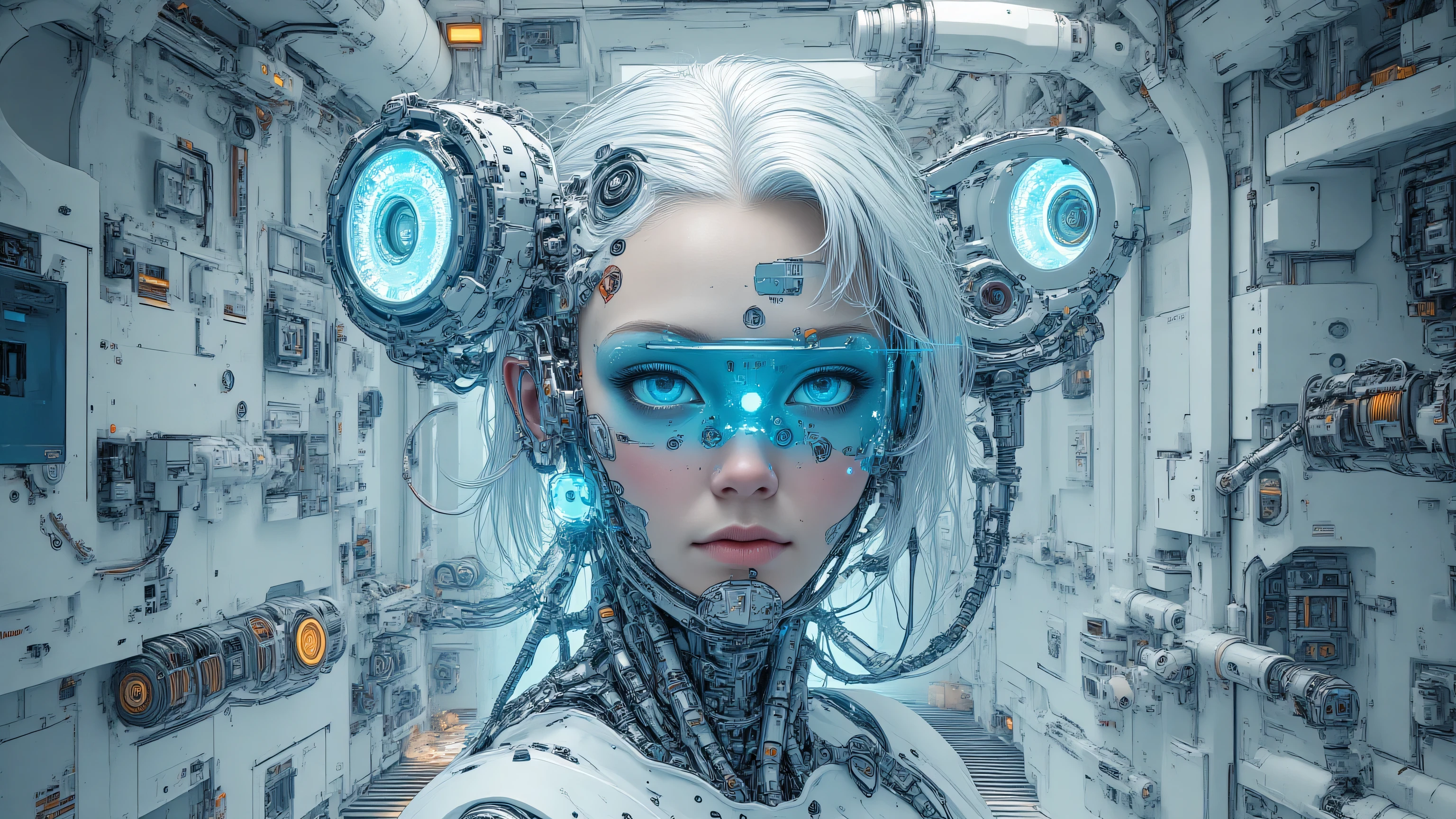Hyper-intricate cyberpunk cyborg portrait in sterile high-tech laboratory at dusk, ultra-detailed with extreme layered complexity and biomechanical precision, central golden ratio composition on a ethereal female cyborg with large symmetrical porcelain face illuminated by cyan neon glows, intricate silver-white ponytail cascading with embedded fiber-optic strands pulsing blue light, forehead adorned with multifaceted neural implants and holographic data overlays flickering with encrypted code streams, piercing cyan-tinted visor sunglasses reflecting distorted lab schematics and augmented reality interfaces, subtle scar lines etched across flawless skin connected to subdermal wiring bundles, full lips in a enigmatic half-smile revealing micro-servo teeth, positioned dynamically with head tilted to draw viewer into her calculating gaze, foreground cluttered workbench overflowing with hyper-textured tools: dissected robotic limbs with exposed pistons and hydraulic fluids, glowing data crystals in fractal patterns, tangled neural cables coiling like veins, and scattered microchips with etched circuit etchings, midground sterile white panels etched with graffiti-like binary code and access ports venting coolant mist with droplet details, background vast chamber walls lined with server racks humming with heat sinks and LED status indicators, holographic projections of corporate schematics and AI avatars debating in glitchy loops, hidden narrative elements like shadowed surveillance drones hovering in vents, discarded prototype organs in bio-tubes bubbling with synthetic blood, and floor grates revealing underbelly conduits sparking with overloads for immersive dystopian lore, impeccable color harmony of cool arctic whites and electric cyan blues balanced with subtle warm amber console lights for depth, volumetric god rays from overhead surgical lamps casting dramatic rim lights, lens flares, and caustic reflections on chrome surfaces for visceral futuristic impact, sharp