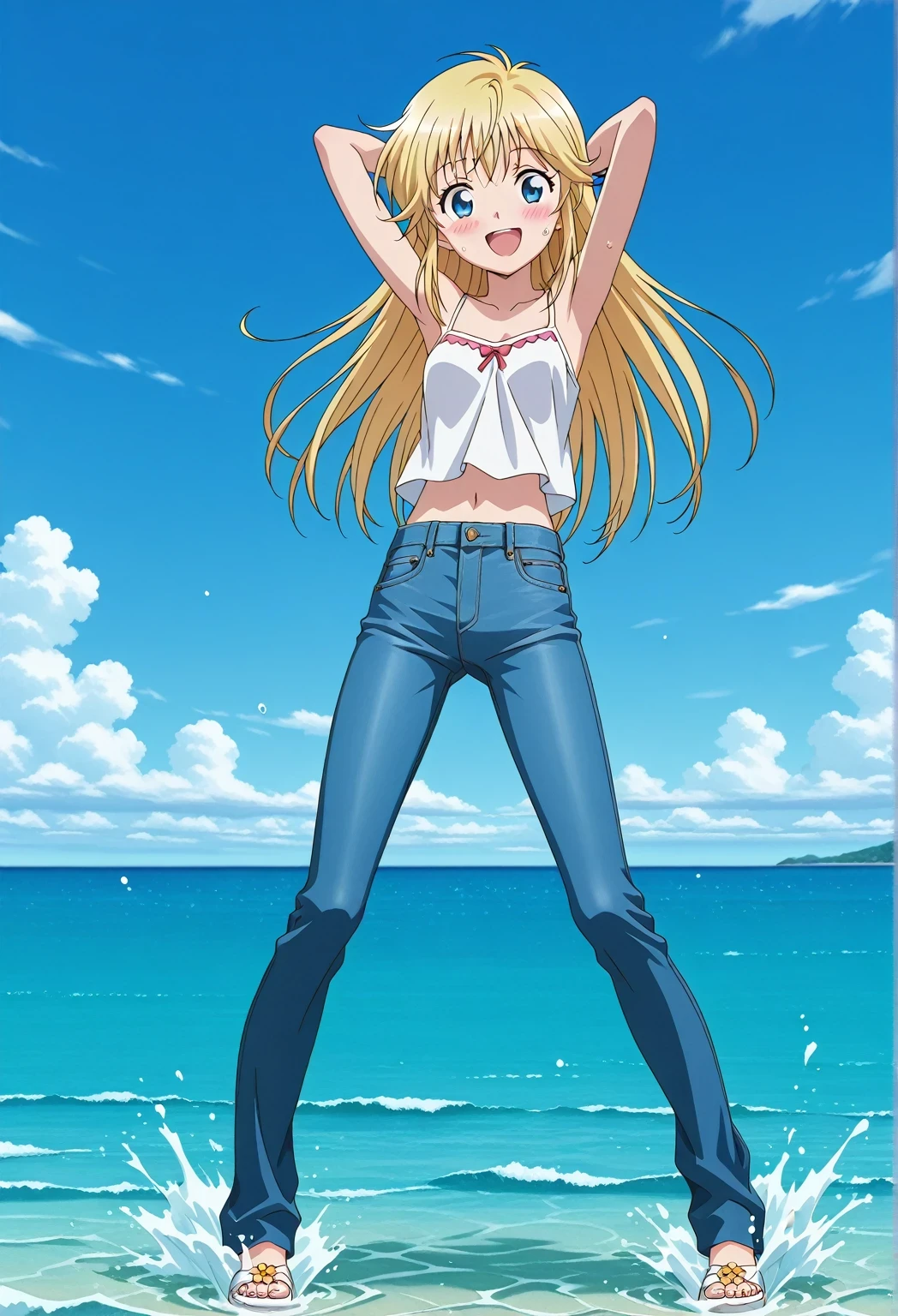 score_9, score_8_up, score_7_up, source_anime, highres, hi res, ((best quality, top quality, perfect quality, Highest Quality, amazing quality)), {{masterpiece}}, {{an extremely delicate and beautiful}}, 2d, intricate details, official style, anime, 8k, anime style, official_anime, official art, digital painting, cell shading, soft shading, high resolution, soothing tones, Subdued Color, Soft cinematic light, adobe lightroom, photolab, HDR, intricately and hyper-detailed, ((high quality animation)), 1 girl, Alone, solo, ((ocean)), tsunami, on the water, day, sunny, outdoors, sky, windy, Cleao Everlasting, blue eyes, blonde hair, long hair, double hair spiral ring, anime screencap, small breasts, white camisole top, crop top, white crop top, best quality, hyper-detailed jeans, ((blue jeans:1.9)), (dark blue jeans:0.6), full medium body, medium shot, Open mouth, smiling, happy face, blush, sweat, standing, ((arms behind head:6.0)), bowlegged, jumping pose, action, looking at viewer, spread legs, Bend knees slightly, straight-on front view