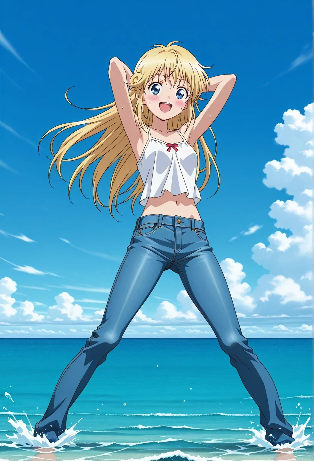 score_9, score_8_up, score_7_up, source_anime, highres, hi res, ((best quality, top quality, perfect quality, Highest Quality, amazing quality)), {{masterpiece}}, {{an extremely delicate and beautiful}}, 2d, intricate details, official style, anime, 8k, anime style, official_anime, official art, digital painting, cell shading, soft shading, high resolution, soothing tones, Subdued Color, Soft cinematic light, adobe lightroom, photolab, HDR, intricately and hyper-detailed, ((high quality animation)), 1 girl, Alone, solo, ((ocean)), tsunami, on the water, day, sunny, outdoors, sky, windy, Cleao Everlasting, blue eyes, blonde hair, long hair, twin hair spiral ring, anime screencap, small breasts, white camisole top, crop top, white crop top, best quality, hyper-detailed jeans, ((blue jeans:1.9)), (dark blue jeans:0.6), full medium body, medium shot, Open mouth, smiling, happy face, blush, sweat, standing, ((arms behind head:6.0)), bowlegged, jumping pose, action, looking at viewer, spread legs, Bend knees slightly, straight-on front view