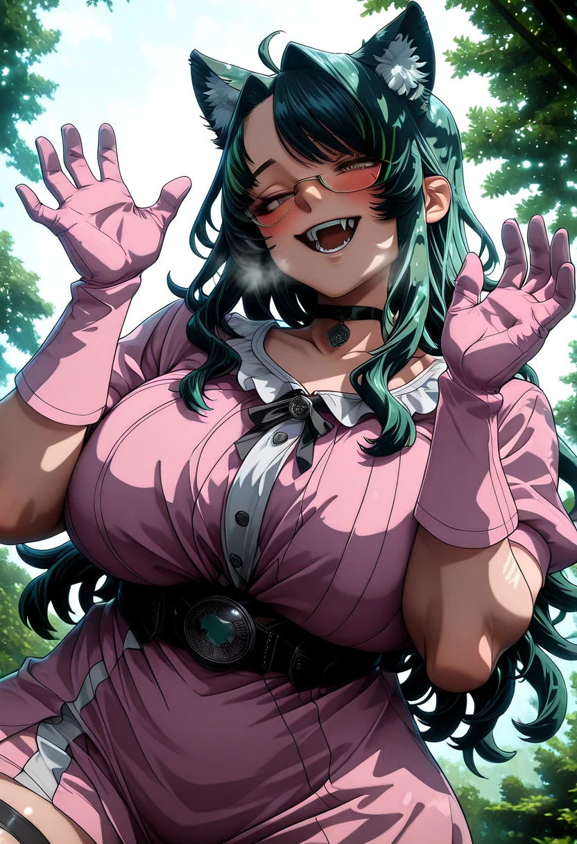 T-Rex style, anime coloring, Hgk, (yoshio_(55level)-style:1.2), (imizu_(nitro_unknown)-style:1.4), (packge-style:1.2), (oosawara_sadao-style:1.4), (osiimi-style), ((Cinematic, UHD, dappled sunlight)), comic, score_9, score_8_up, score_7_up, score_6_up, score_5_up, score_4_up, uncensored, detailed background, vignetting, masterpiece, Cinematic, high quality, absurdres, best quality, very aesthetic, newest, digital art, trending on ArtStation, ((anatomical correct)), perfect body, perfect eyes, perfect fingers, gasping, heavy breathing, gasping profusely, cinematic, ((skindentation)), ((curvy)), long_hair, glasses, large_breasts, bangs, dark-green_hair, asymmetrical bangs, brown_eyes, bright pupils, plump, 1girl, breasts, animal_ears, gloves, pink_gloves, solo, virtual_youtuber, open_mouth, dress, smile, white_background, choker, pink_dress, animal_ear_fluff, fangs, hair_intakes, blush, simple_background, frills, ((narrowed eyes))