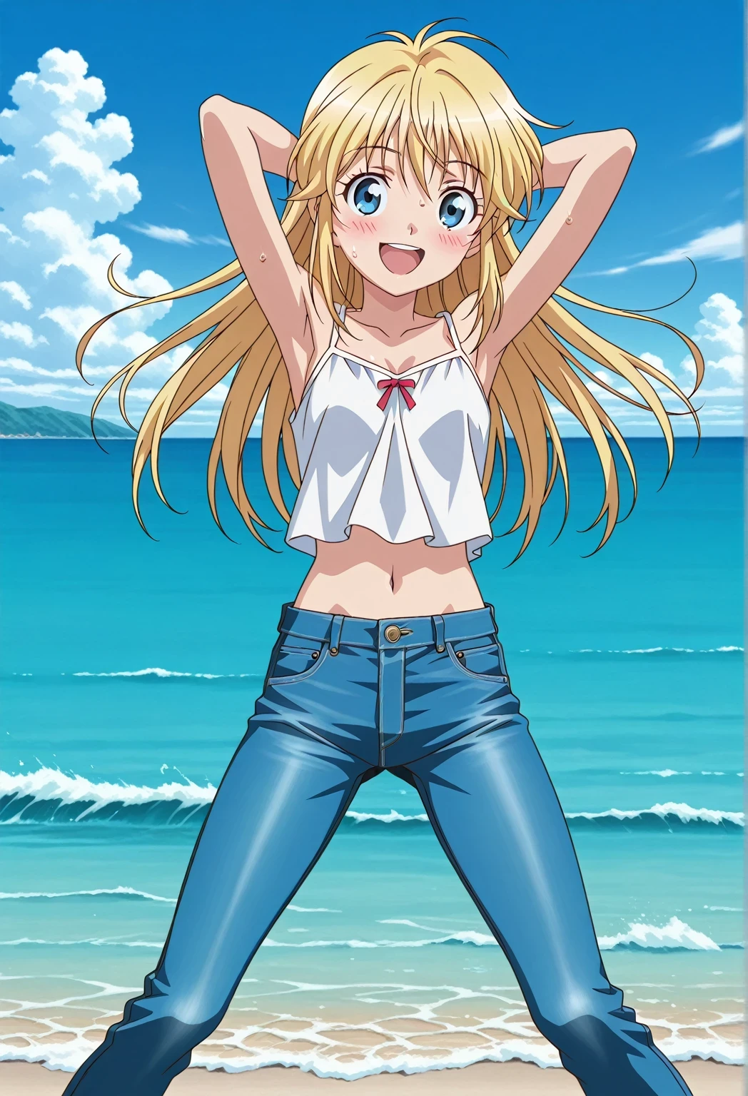 score_9, score_8_up, score_7_up, source_anime, highres, hi res, ((best quality, top quality, perfect quality, Highest Quality, amazing quality)), {{masterpiece}}, {{an extremely delicate and beautiful}}, 2d, intricate details, official style, anime, 8k, anime style, official_anime, official art, digital painting, cell shading, soft shading, high resolution, soothing tones, Subdued Color, Soft cinematic light, adobe lightroom, photolab, HDR, intricately and hyper-detailed, ((high quality animation)), 1 girl, Alone, solo, ((ocean)), tsunami, on the water, day, sunny, outdoors, sky, windy, Cleao Everlasting, blue eyes, blonde hair, long hair, Double spiral looks, anime screencap, small breasts, white camisole top, crop top, white crop top, best quality, hyper-detailed jeans, ((blue jeans:1.9)), (dark blue jeans:0.6), full medium body, medium shot, Open mouth, smiling, happy face, blush, sweat, standing, ((arms behind head:6.0)), bowlegged, jumping pose, action, looking at viewer, spread legs, Bend knees slightly, straight-on front view