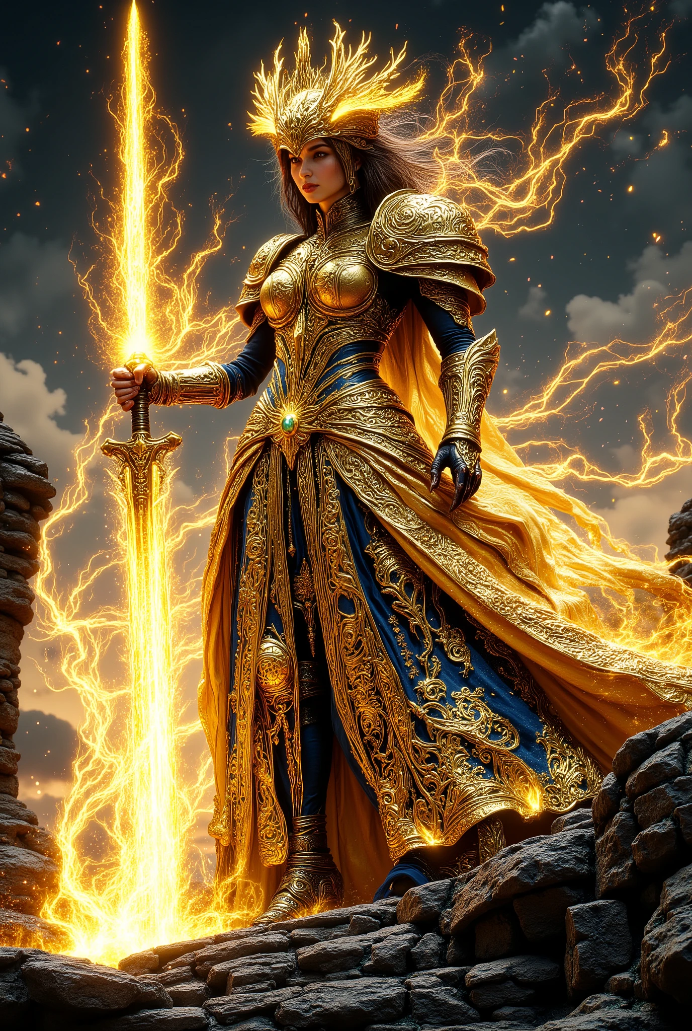 DarkDisciple, Black and white line drawing, Digital art, Intricate pattern, Swirl pattern, hkmagic, A powerful female warrior stands tall in gold-decorated steel armor. Realistic digital art. She holds a sword that reflects the sunset. The visible muscles exude formidable strength. The intricately carved iron plates. The warrior's leather ankle boots. The golden armor adorned with gems. The triumphant pose on the hillside. The evening sky is full of stars. The atmosphere is solemn but beautiful.