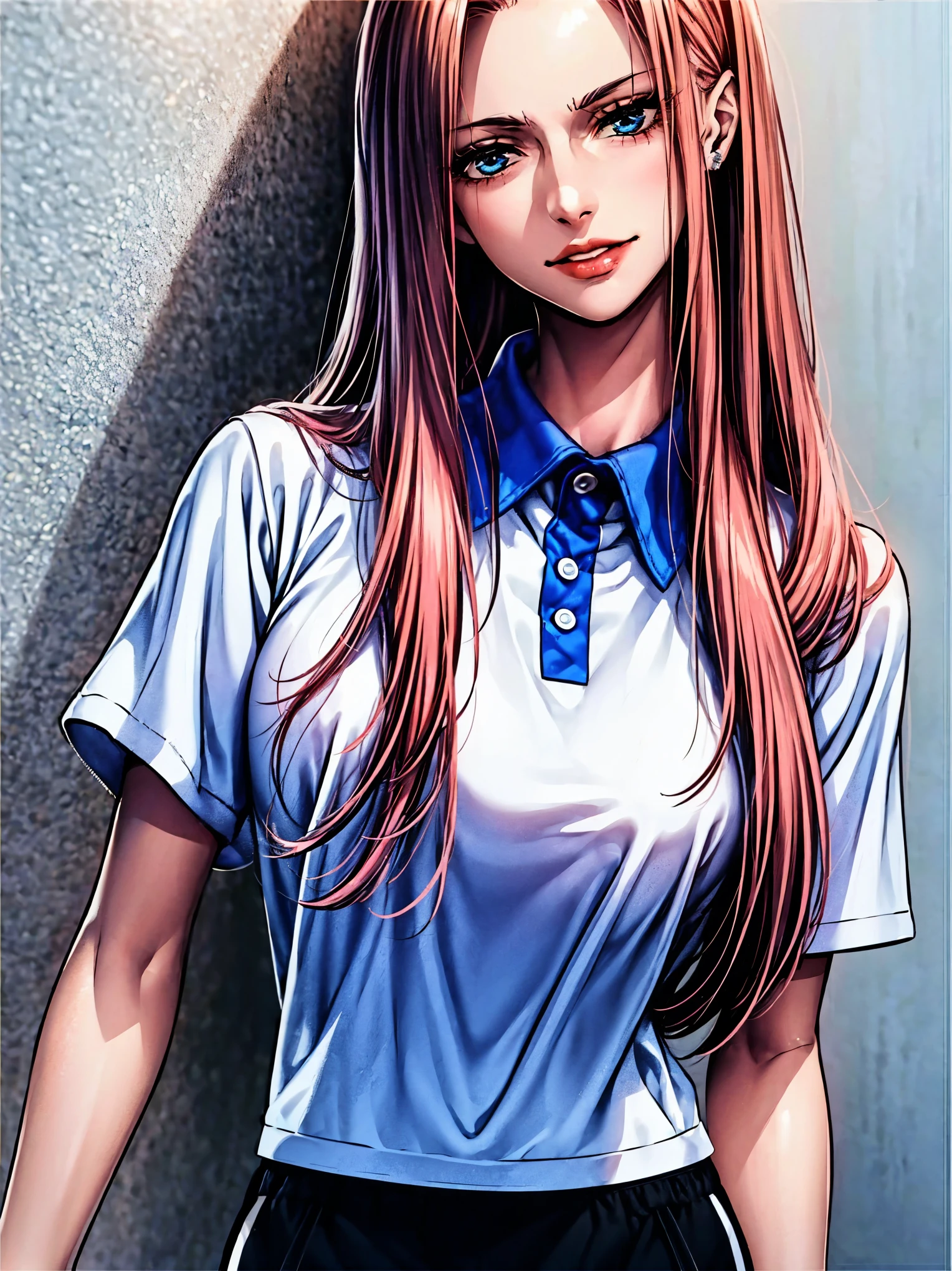 top-quality、tmasterpiece、Very high resolution、super high image quality、High-quality pixels)、perfect eyes, perfect face, perfect body figure,solo,8K, large breast,(Detailed description of hair), (Detailed description of face),(Detailed description of body), fair and clear skin, matchless beauty, long legged, long pink pink hair,ssmile,Jewelry Bonney,point red lip,blue eye, small lip, (white shirt with blue collar, black short pants:1.4), cowboy shot, girlfriend ssmile, storiness, (single color background:1.2)