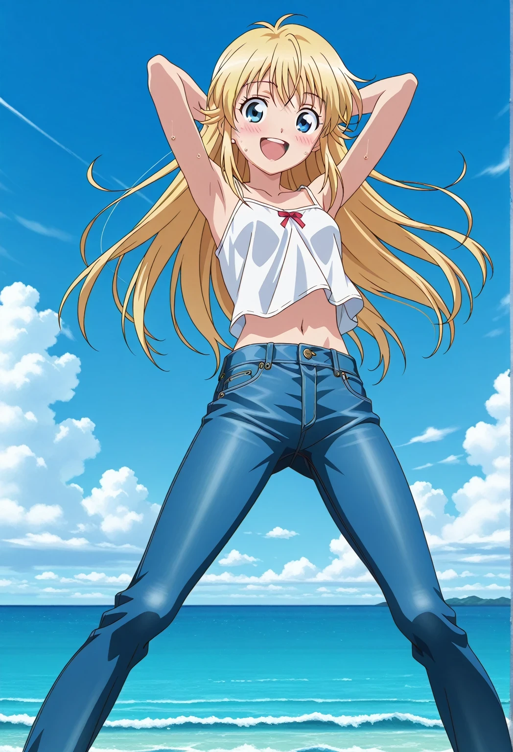 score_9, score_8_up, score_7_up, source_anime, highres, hi res, ((best quality, top quality, perfect quality, Highest Quality, amazing quality)), {{masterpiece}}, {{an extremely delicate and beautiful}}, 2d, intricate details, official style, anime, 8k, anime style, official_anime, official art, digital painting, cell shading, soft shading, high resolution, soothing tones, Subdued Color, Soft cinematic light, adobe lightroom, photolab, HDR, intricately and hyper-detailed, ((high quality animation)), 1 girl, Alone, solo, ((ocean)), tsunami, on the water, day, sunny, outdoors, sky, windy, Cleao Everlasting, blue eyes, blonde hair, long hair, twin spiral ring side hair, anime screencap, small breasts, white camisole top, crop top, white crop top, best quality, hyper-detailed jeans, ((blue jeans:1.9)), (dark blue jeans:0.6), full medium body, medium shot, Open mouth, smiling, happy face, blush, sweat, standing, ((arms behind head:6.0)), bowlegged, jumping pose, action, looking at viewer, spread legs, Bend knees slightly, straight-on front view