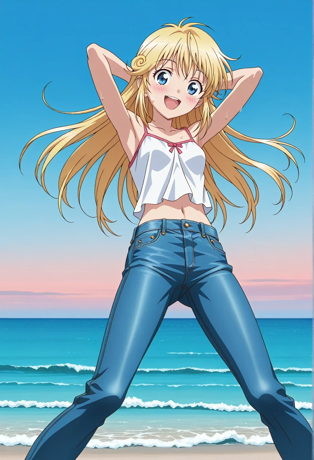 score_9, score_8_up, score_7_up, source_anime, highres, hi res, ((best quality, top quality, perfect quality, Highest Quality, amazing quality)), {{masterpiece}}, {{an extremely delicate and beautiful}}, 2d, intricate details, official style, anime, 8k, anime style, official_anime, official art, digital painting, cell shading, soft shading, high resolution, soothing tones, Subdued Color, Soft cinematic light, adobe lightroom, photolab, HDR, intricately and hyper-detailed, ((high quality animation)), 1 girl, Alone, solo, ((ocean)), tsunami, on the water, day, sunny, outdoors, sky, windy, Cleao Everlasting, blue eyes, blonde hair, long hair, twin spiral ring side hair, anime screencap, small breasts, white camisole top, crop top, white crop top, best quality, hyper-detailed jeans, ((blue jeans:1.9)), (dark blue jeans:0.6), full medium body, medium shot, Open mouth, smiling, happy face, blush, sweat, standing, ((arms behind head:6.0)), bowlegged, jumping pose, action, looking at viewer, spread legs, Bend knees slightly, straight-on front view