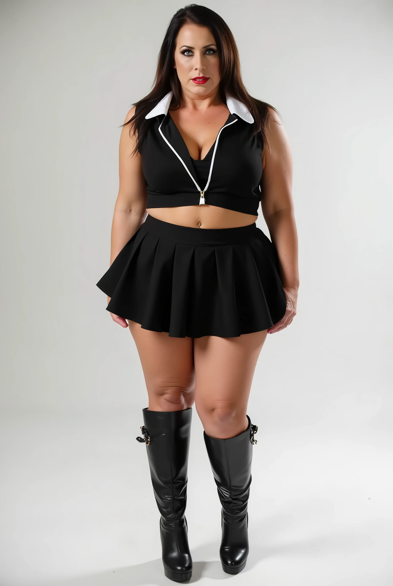 Mature woman standing posing . Tall Thick body girl In black very small circle skirt with white border and small black blouse. cleavage visible. navel visible. gap between skirt and blouse. belly visible and detailed black latex knee high boots.. thick figure wide hips thick thighs and big chest . heavy red lipstick and makeup . thick very long hair .confident look on face and confident strong body . seductive look. white background photoshoot studio. full body shadow visible on floor. sharp detailed 8k image .detailed face woman .