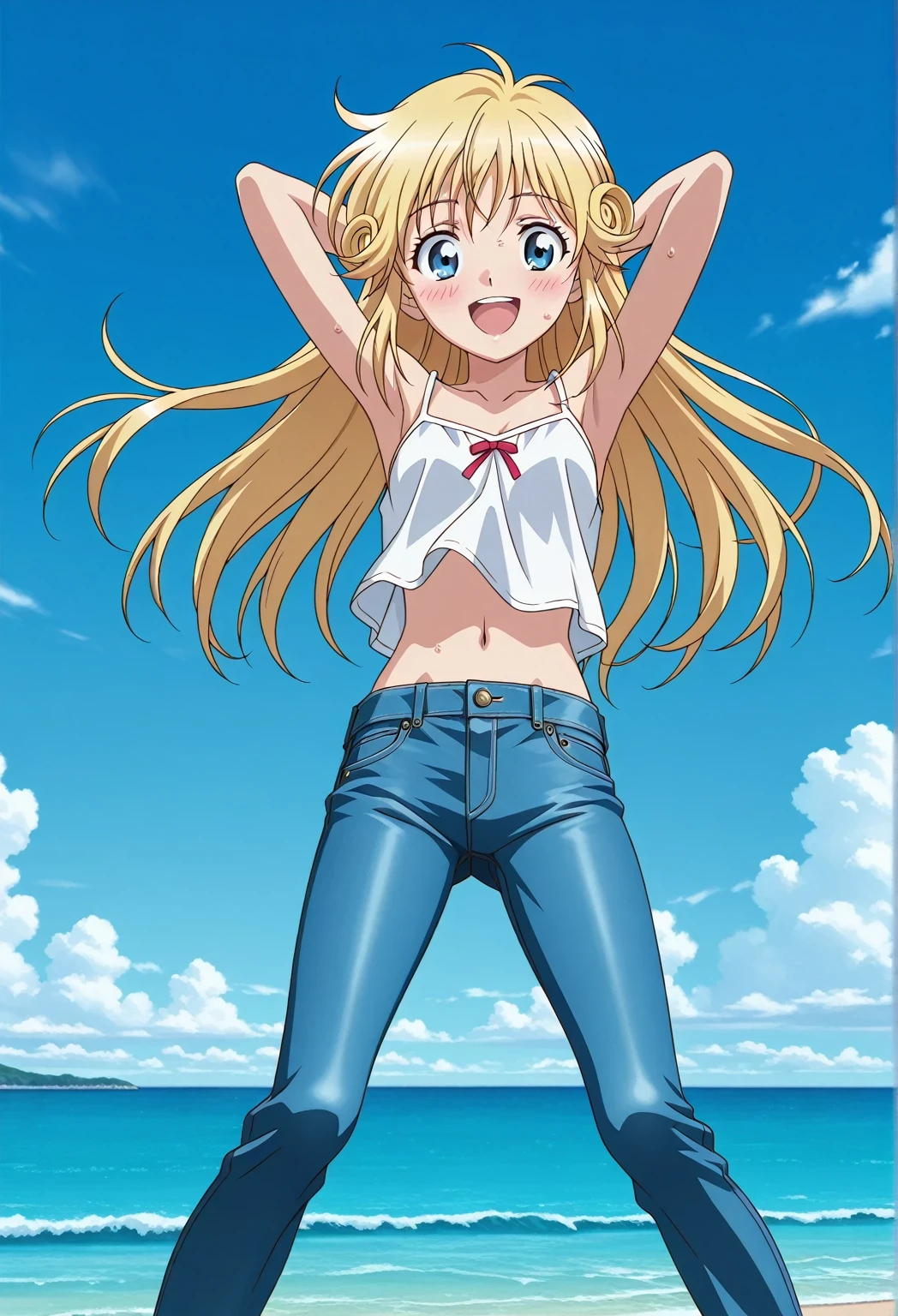 score_9, score_8_up, score_7_up, source_anime, highres, hi res, ((best quality, top quality, perfect quality, Highest Quality, amazing quality)), {{masterpiece}}, {{an extremely delicate and beautiful}}, 2d, intricate details, official style, anime, 8k, anime style, official_anime, official art, digital painting, cell shading, soft shading, high resolution, soothing tones, Subdued Color, Soft cinematic light, adobe lightroom, photolab, HDR, intricately and hyper-detailed, ((high quality animation)), 1 girl, Alone, solo, ((ocean)), tsunami, on the water, day, sunny, outdoors, sky, windy, Cleao Everlasting, blue eyes, blonde hair, long hair, ((double side spiral ring hair)), anime screencap, small breasts, white camisole top, crop top, white crop top, best quality, hyper-detailed jeans, ((blue jeans:1.9)), (dark blue jeans:0.6), full medium body, medium shot, Open mouth, smiling, happy face, blush, sweat, standing, ((arms behind head:6.0)), bowlegged, jumping pose, action, looking at viewer, spread legs, Bend knees slightly, straight-on front view