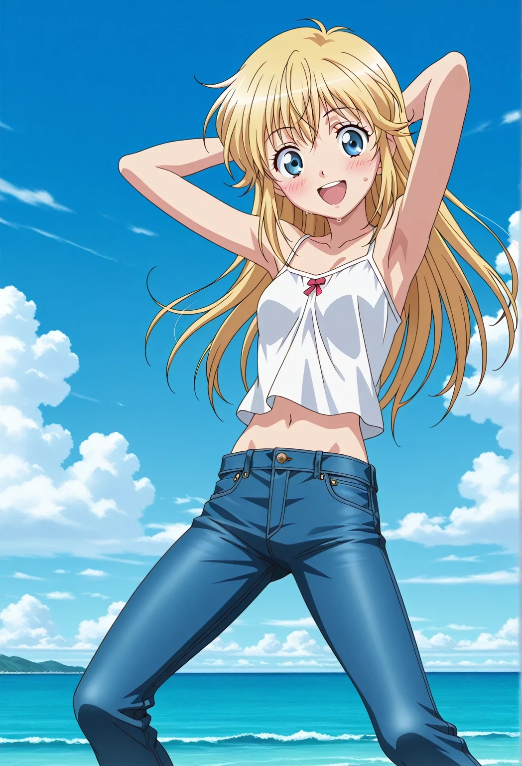 score_9, score_8_up, score_7_up, source_anime, highres, hi res, ((best quality, top quality, perfect quality, Highest Quality, amazing quality)), {{masterpiece}}, {{an extremely delicate and beautiful}}, 2d, intricate details, official style, anime, 8k, anime style, official_anime, official art, digital painting, cell shading, soft shading, high resolution, soothing tones, Subdued Color, Soft cinematic light, adobe lightroom, photolab, HDR, intricately and hyper-detailed, ((high quality animation)), 1 girl, Alone, solo, ((ocean)), tsunami, on the water, day, sunny, outdoors, sky, windy, Cleao Everlasting, blue eyes, blonde hair, long hair, ((double side spiral ring hair)), anime screencap, small breasts, white camisole top, crop top, white crop top, best quality, hyper-detailed jeans, ((blue jeans:1.9)), (dark blue jeans:0.6), full medium body, medium shot, Open mouth, smiling, happy face, blush, sweat, standing, ((arms behind head:6.0)), bowlegged, jumping pose, action, looking at viewer, spread legs, Bend knees slightly, straight-on front view