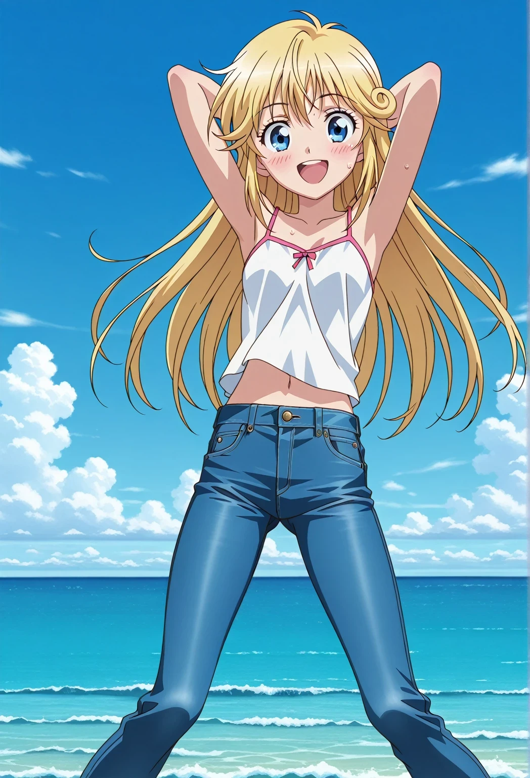 score_9, score_8_up, score_7_up, source_anime, highres, hi res, ((best quality, top quality, perfect quality, Highest Quality, amazing quality)), {{masterpiece}}, {{an extremely delicate and beautiful}}, 2d, intricate details, official style, anime, 8k, anime style, official_anime, official art, digital painting, cell shading, soft shading, high resolution, soothing tones, Subdued Color, Soft cinematic light, adobe lightroom, photolab, HDR, intricately and hyper-detailed, ((high quality animation)), 1 girl, Alone, solo, ((ocean)), tsunami, on the water, day, sunny, outdoors, sky, windy, Cleao Everlasting, blue eyes, blonde hair, long hair, ((double spiral hair)), anime screencap, small breasts, white camisole top, crop top, white crop top, best quality, hyper-detailed jeans, ((blue jeans:1.9)), (dark blue jeans:0.6), full medium body, medium shot, Open mouth, smiling, happy face, blush, sweat, standing, ((arms behind head:6.0)), bowlegged, jumping pose, action, looking at viewer, spread legs, Bend knees slightly, straight-on front view