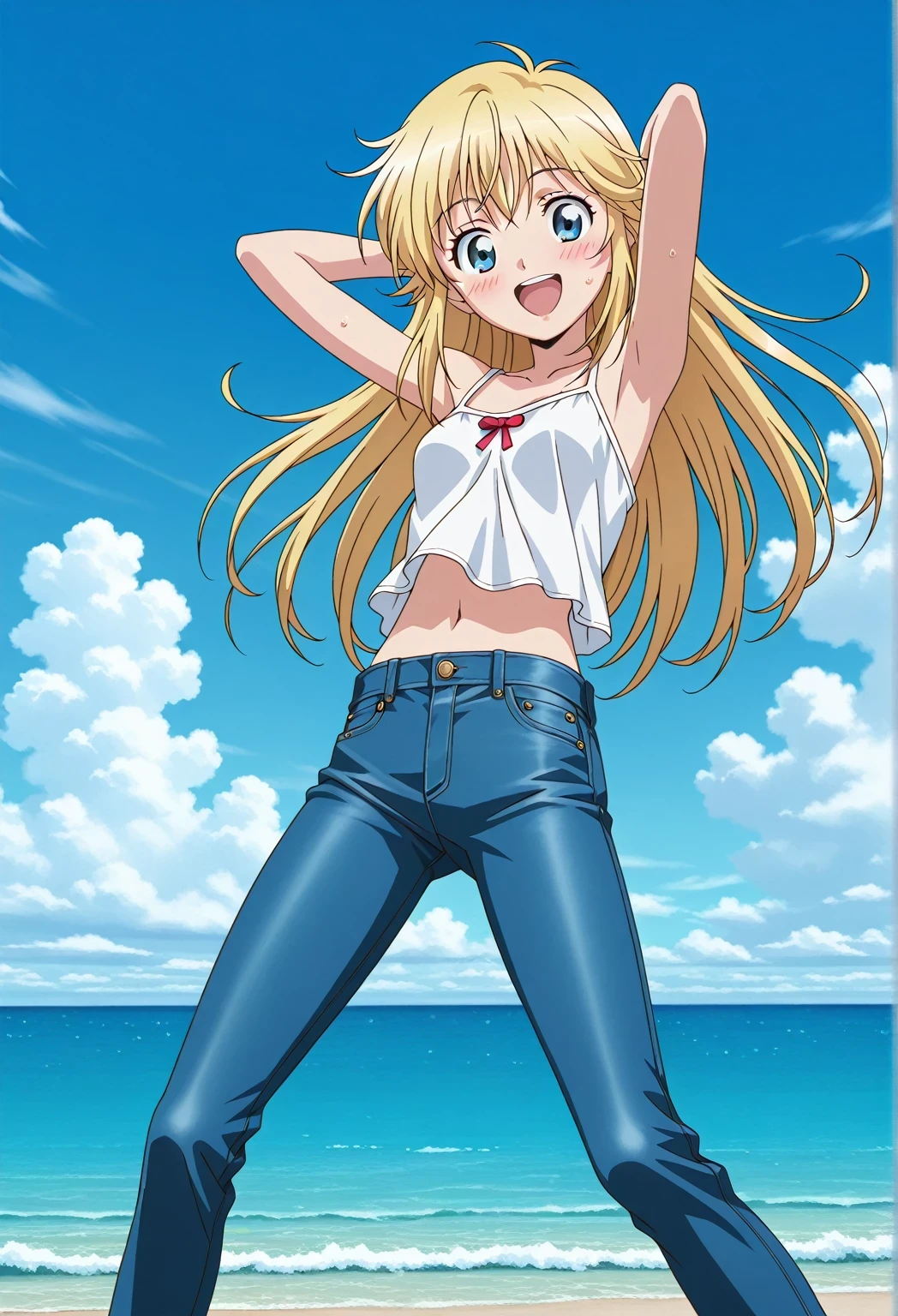 score_9, score_8_up, score_7_up, source_anime, highres, hi res, ((best quality, top quality, perfect quality, Highest Quality, amazing quality)), {{masterpiece}}, {{an extremely delicate and beautiful}}, 2d, intricate details, official style, anime, 8k, anime style, official_anime, official art, digital painting, cell shading, soft shading, high resolution, soothing tones, Subdued Color, Soft cinematic light, adobe lightroom, photolab, HDR, intricately and hyper-detailed, ((high quality animation)), 1 girl, Alone, solo, ((ocean)), tsunami, on the water, day, sunny, outdoors, sky, windy, Cleao Everlasting, blue eyes, blonde hair, long hair, ((double spiral hair)), anime screencap, small breasts, white camisole top, crop top, white crop top, best quality, hyper-detailed jeans, ((blue jeans:1.9)), (dark blue jeans:0.6), full medium body, medium shot, Open mouth, smiling, happy face, blush, sweat, standing, ((arms behind head:6.0)), bowlegged, jumping pose, action, looking at viewer, spread legs, Bend knees slightly, straight-on front view