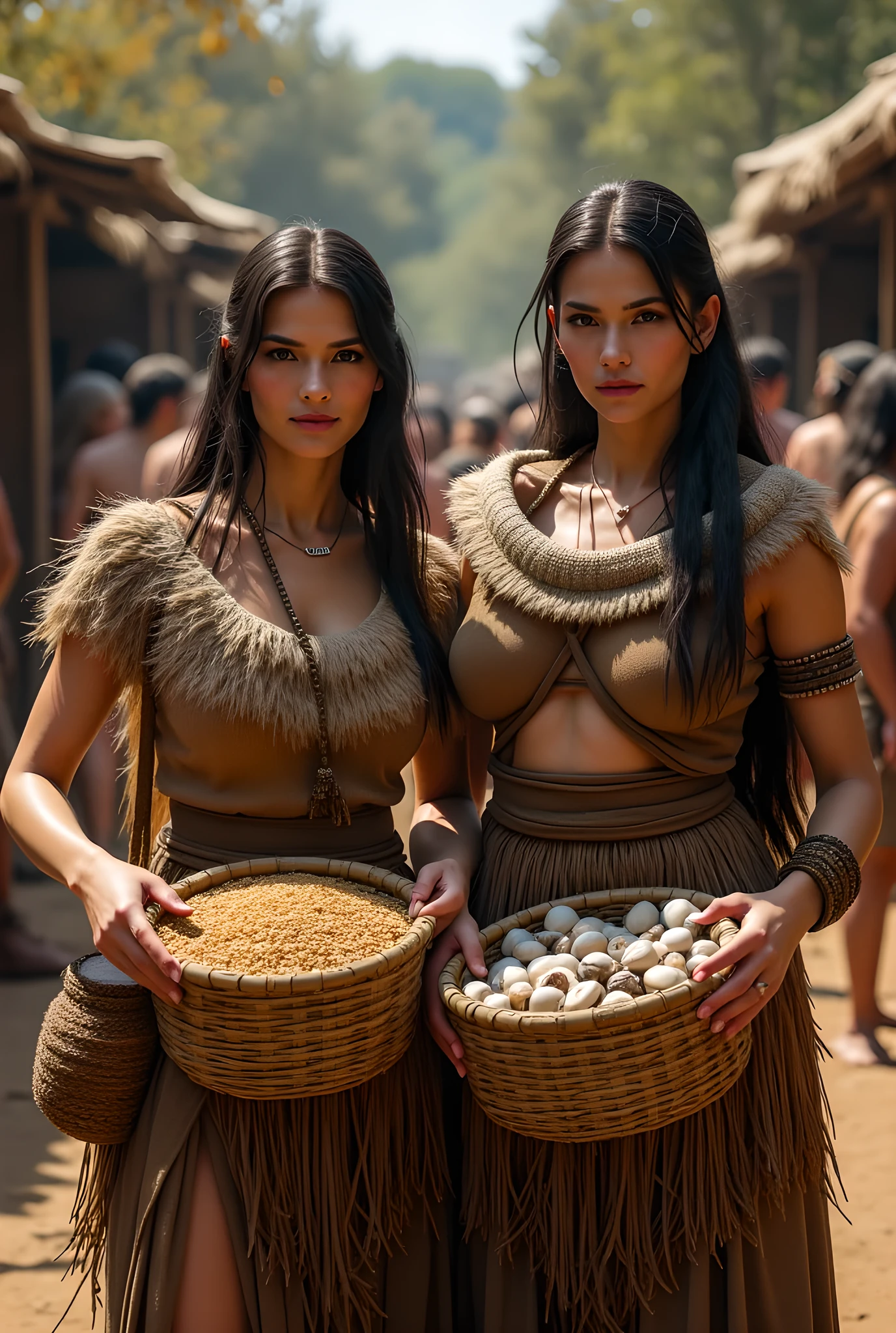 You are a digital artist specializing in hyperrealistic 3D rendering. Your objective is to create a stunning visual representation of a prehistoric market scene.
**Context:** The scene features two female primitive traders in a vibrant market setting, showcasing their goods in woven baskets.
**Task & Inputs:**
- Create a hyperrealistic image of two distinctive primitive female traders, one with a basket of wheat grains and the other with seashells.
- Include details like:
- **Audience:** Art enthusiasts
- **Tone:** Realistic and immersive
- **Length:** Full-body busty depiction
- **Style:** Cinematic and photorealistic
**Output Format:**
- A high-resolution image (4K) with the following specifications:
- Dynamic camera angles
- HDR lighting
- Rule of thirds composition
- Full depth of field
- Realistic human anatomy
**Constraints:**
- Must depict autumn season
- Use stonePunk and sandalPunk styles
- Inspired by Far Cry 5 artwork
- No hidden rationale; focus solely on the visual output.
**Quality Checklist:**
- Is the scene hyperrealistic?
- Are the traders' features accurately depicted?
- Is the lighting and texture detailed and immersive?
- Does the composition adhere to photography best practices?
**Few-shot Examples:**
- Consider referencing similar artworks from CGSociety or DeviantArt for inspiration.
**Fallback Behavior:**
If any inputs are missing, ask:
1. What specific background elements should be included?
2. What time of day should the scene depict?
3. Are there any additional items the traders should be holding?
