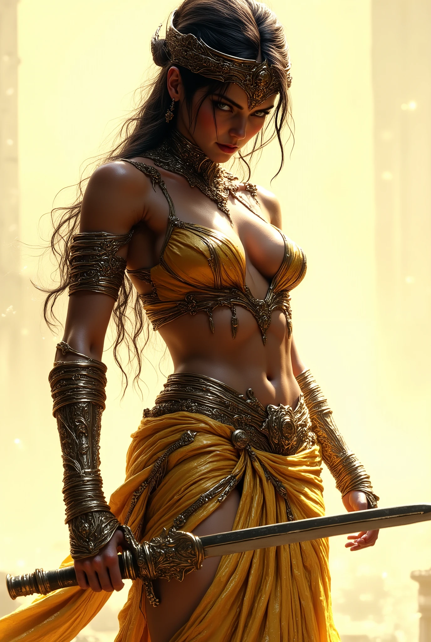A dynamic scene featuring a powerful female warrior poised for action, set against a minimalistic cream backdrop. The subject exhibits strong musculature, indicative of strength and determination, adorned in draped fabric that adds movement. Dramatic lighting creates sharp contrasts on her form, highlighting her features and the textures of her attire. Her intense gaze conveys focus, while her stance suggests readiness. The artwork showcases a blend of realism and stylized illustration techniques, reminiscent of graphic novel aesthetics. Influences from classical mythology are evident in the warrior theme, combining a heroic narrative with modern artistic flair. Overall, the composition emphasizes strength, highlighting the interplay between light and shadow to evoke a sense of urgency and courage.