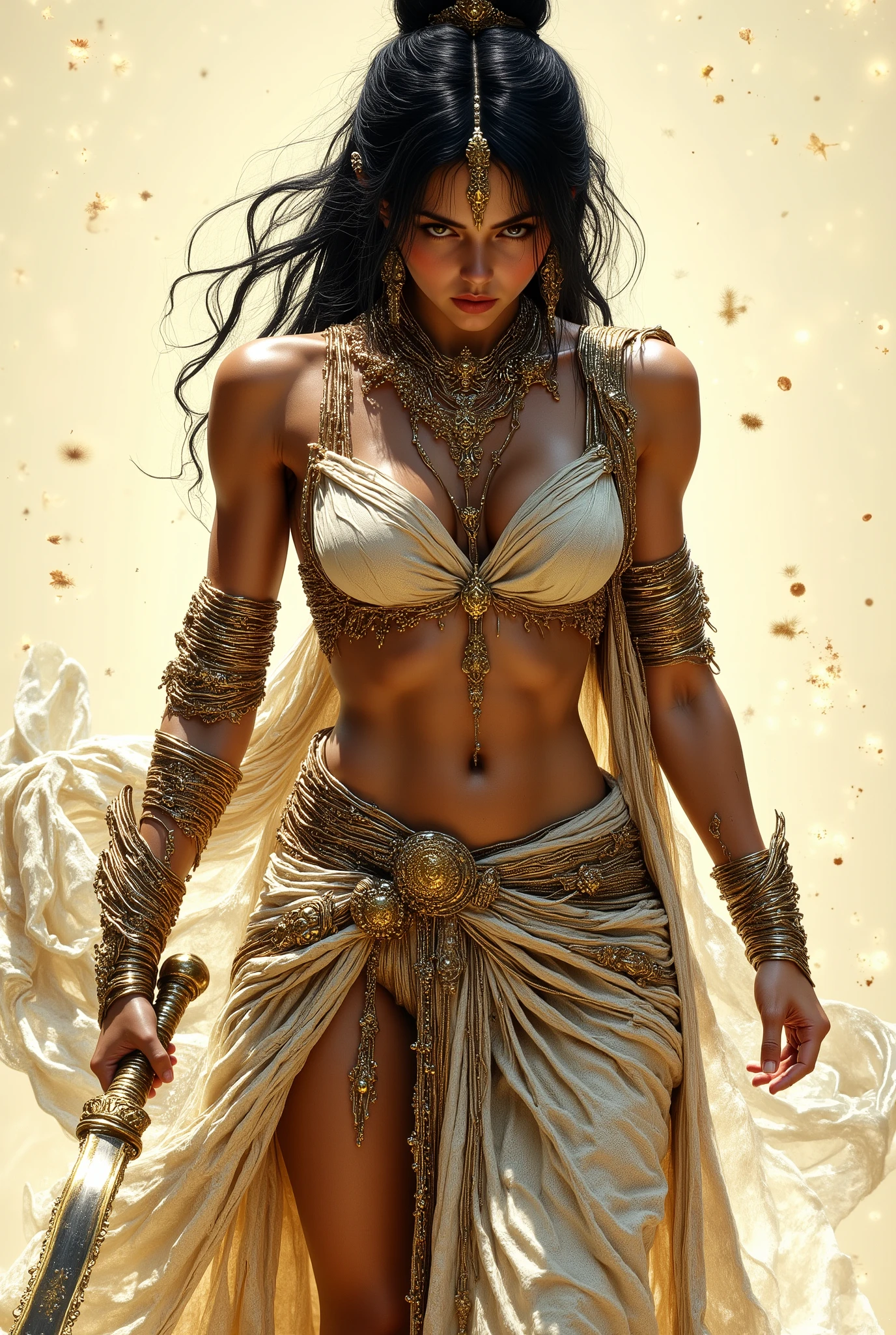 A dynamic scene featuring a powerful female warrior poised for action, set against a minimalistic cream backdrop. The subject exhibits strong musculature, indicative of strength and determination, adorned in draped fabric that adds movement. Dramatic lighting creates sharp contrasts on her form, highlighting her features and the textures of her attire. Her intense gaze conveys focus, while her stance suggests readiness. The artwork showcases a blend of realism and stylized illustration techniques, reminiscent of graphic novel aesthetics. Influences from classical mythology are evident in the warrior theme, combining a heroic narrative with modern artistic flair. Overall, the composition emphasizes strength, highlighting the interplay between light and shadow to evoke a sense of urgency and courage.