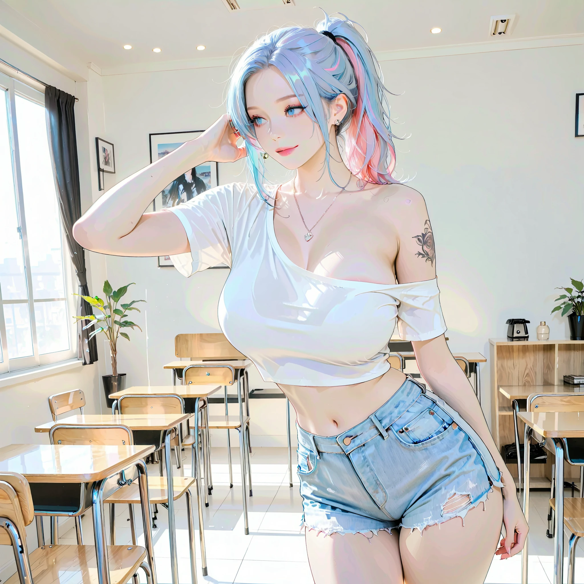1 sexy girl , ( Two-tone hair , Light Blue Hair Pink Hair ), blue eyes , White-toned bedroom with window , big breasts , big breasts  , Beautiful round chest , Perfect chest , titsนูน , titsยื่น , titsแหลม , tits , Dwas's body , Slim legs , big hips , Big Butt ,Show navel  , perfect proportions , Perfect Figure , perfect proportions of female , Abdomen , eyeshadow  , Perfect skin ,Hair tie,ponytail hairstyle , ponytail hairstyle , Earrings , Necklace , wearing a sexy white loose-waist t-shirt , jeans shorts showing bright red lingerie ,  (( Tattoosตามร่างกาย , Tattoos )) , Dynamic angle , looking at the audience , Looking straight ahead