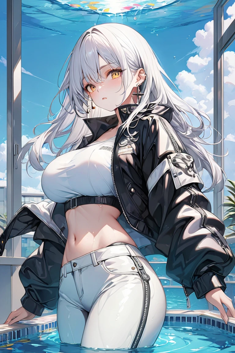 (masterpiece:1.6, best quality), (finely detailed beautiful eyes: 1.2), (Overhead view), high quality, beautiful face, 1girl, wide shot, white tshirt, leather short shorts, oversized leather jacket, open shoulders, red eyes, silver hair, large breasts, ponytail hair, wide hips, badass (leaning to the side, ), beach, background, detailed background,