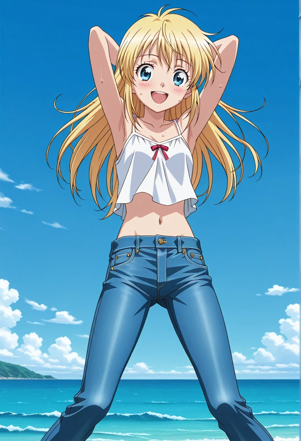 score_9, score_8_up, score_7_up, source_anime, highres, hi res, ((best quality, top quality, perfect quality, Highest Quality, amazing quality)), {{masterpiece}}, {{an extremely delicate and beautiful}}, 2d, intricate details, official style, anime, 8k, anime style, official_anime, official art, digital painting, cell shading, soft shading, high resolution, soothing tones, Subdued Color, Soft cinematic light, adobe lightroom, photolab, HDR, intricately and hyper-detailed, ((high quality animation)), 1 girl, Alone, solo, ((ocean)), tsunami, on the water, day, sunny, outdoors, sky, windy, Cleao Everlasting(1998), blue eyes, blonde hair, long hair, anime screencap, small breasts, white camisole top, crop top, white crop top, best quality, hyper-detailed jeans, ((blue jeans:1.9)), (dark blue jeans:0.6), full medium body, medium shot, Open mouth, smiling, happy face, blush, sweat, standing, ((arms behind head:6.0)), bowlegged, jumping pose, action, looking at viewer, spread legs, Bend knees slightly, straight-on front view