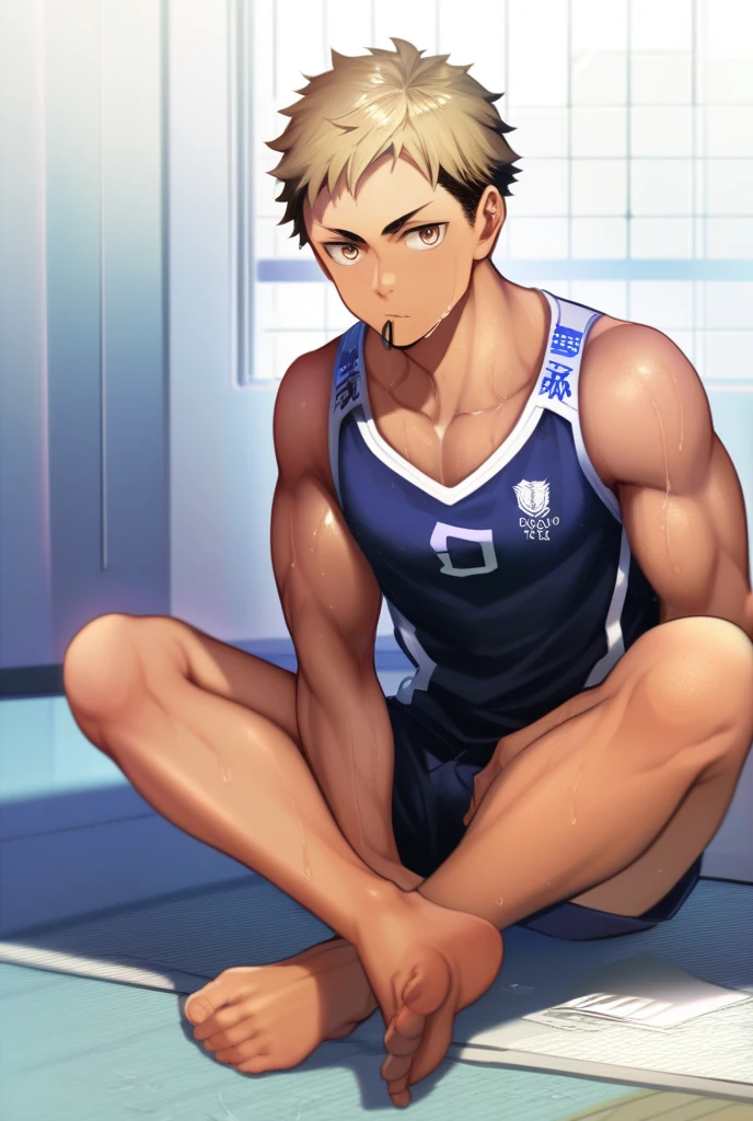 ?????? boy，Tong，large pecs，Big bag，Half recumbent，CG sense，POV perspective，spread their legs，Dark atmosphere，8K,Cinematic lighting effects，Textured skin，best qualtiy，Storytelling images，Storytelling images，dynamic blur，actionpose，Elevation viewing angle,Physical Education Student，basketball suit，vests，‎Classroom，with brown skin，Serious expressions，Hot gas，Keep one's mouth shut，Abs，full bodyesbian，solo person，???? legged，Foot odor，dermatophytosis，white short socks，Sitting down，???????，????????????? pants，musculous