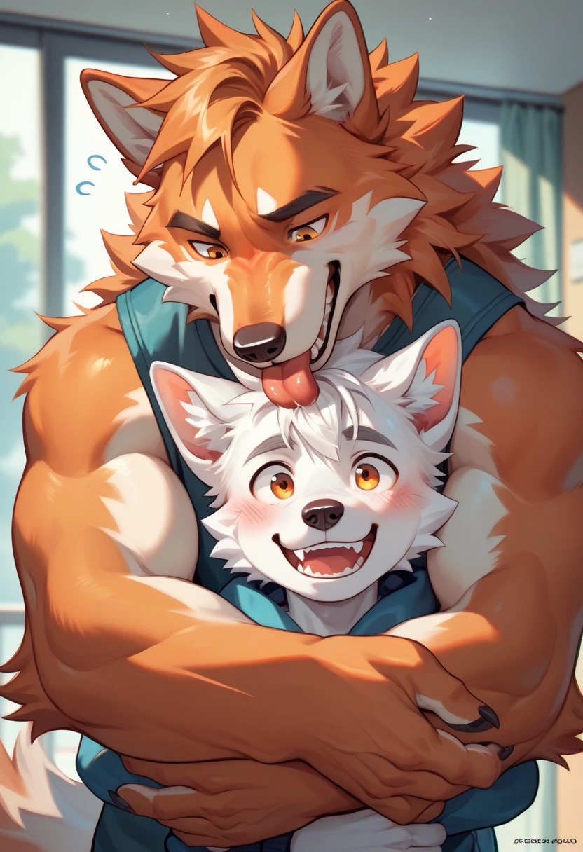 An anthropomorphic male wolf with black fur and red eyes in the back of a gay nightclub with a smaller anthropomorphic male rabbit with green eyes