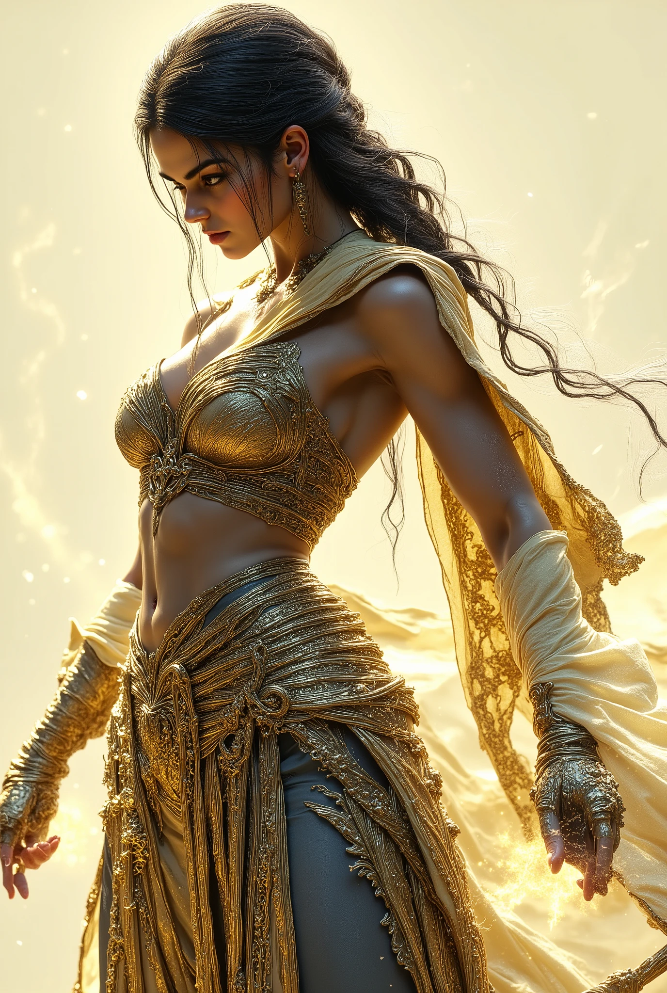 A dynamic scene featuring a powerful female warrior poised for action, set against a minimalistic cream backdrop. The subject exhibits strong musculature, indicative of strength and determination, adorned in draped fabric that adds movement. Dramatic lighting creates sharp contrasts on her form, highlighting her features and the textures of her attire. Her intense gaze conveys focus, while her stance suggests readiness. The artwork showcases a blend of realism and stylized illustration techniques, reminiscent of graphic novel aesthetics. Influences from classical mythology are evident in the warrior theme, combining a heroic narrative with modern artistic flair. Overall, the composition emphasizes strength, highlighting the interplay between light and shadow to evoke a sense of urgency and courage.