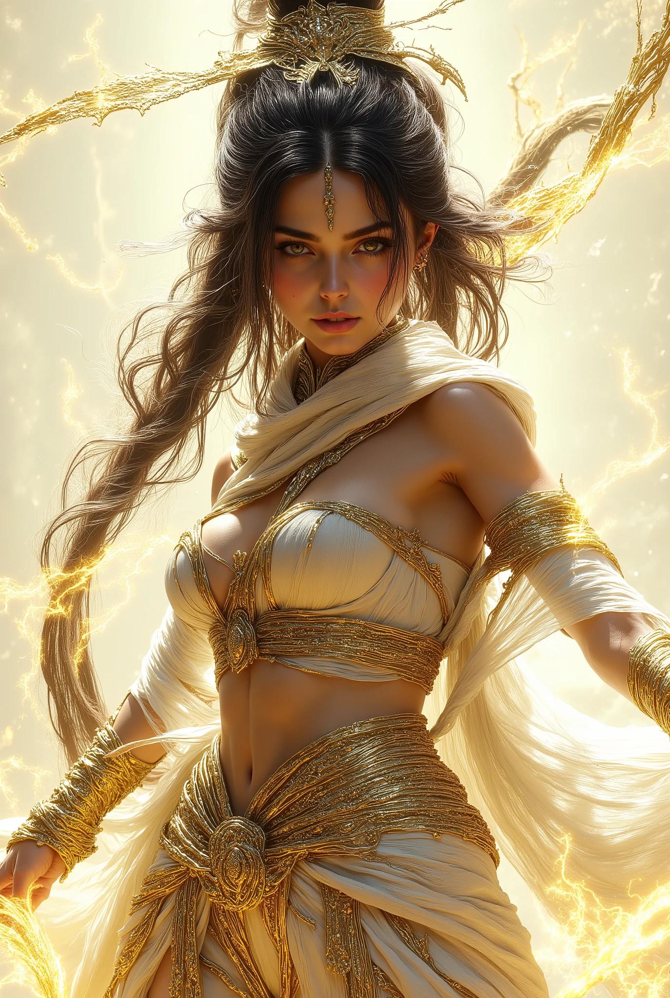 A dynamic scene featuring a powerful female warrior poised for action, set against a minimalistic cream backdrop. The subject exhibits strong musculature, indicative of strength and determination, adorned in draped fabric that adds movement. Dramatic lighting creates sharp contrasts on her form, highlighting her features and the textures of her attire. Her intense gaze conveys focus, while her stance suggests readiness. The artwork showcases a blend of realism and stylized illustration techniques, reminiscent of graphic novel aesthetics. Influences from classical mythology are evident in the warrior theme, combining a heroic narrative with modern artistic flair. Overall, the composition emphasizes strength, highlighting the interplay between light and shadow to evoke a sense of urgency and courage.