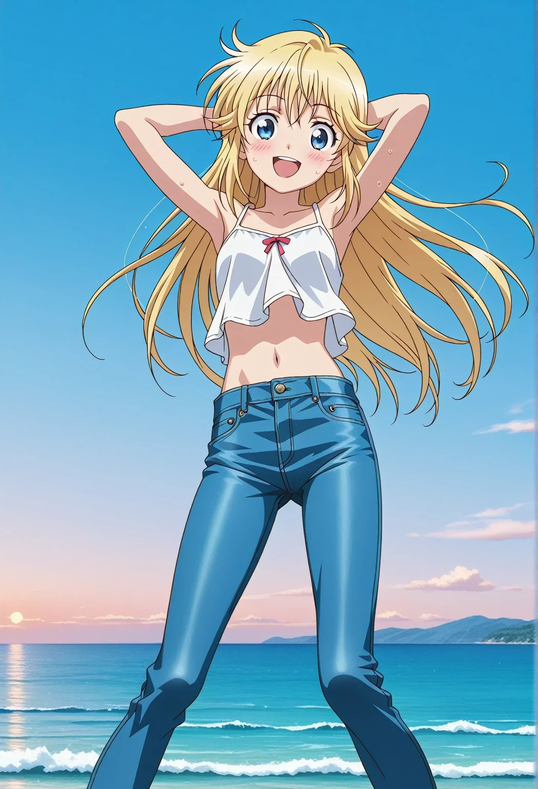 score_9, score_8_up, score_7_up, source_anime, highres, hi res, ((best quality, top quality, perfect quality, Highest Quality, amazing quality)), {{masterpiece}}, {{an extremely delicate and beautiful}}, 2d, intricate details, official style, anime, 8k, anime style, official_anime, official art, digital painting, cell shading, soft shading, high resolution, soothing tones, Subdued Color, Soft cinematic light, adobe lightroom, photolab, HDR, intricately and hyper-detailed, ((high quality animation)), 1 girl, Alone, solo, ((ocean)), tsunami, on the water, day, sunny, outdoors, sky, windy, Cleao Everlasting, blue eyes, blonde hair, long hair, ((double spiraling drill bangs)), anime screencap, small breasts, white camisole top, crop top, white crop top, best quality, hyper-detailed jeans, ((blue jeans:1.9)), (dark blue jeans:0.6), full medium body, medium shot, Open mouth, smiling, happy face, blush, sweat, standing, ((arms behind head:6.0)), bowlegged, jumping pose, action, looking at viewer, spread legs, Bend knees slightly, straight-on front view