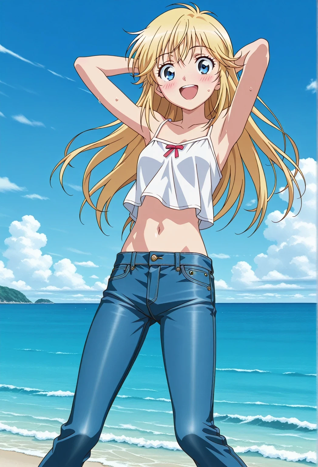 score_9, score_8_up, score_7_up, source_anime, highres, hi res, ((best quality, top quality, perfect quality, Highest Quality, amazing quality)), {{masterpiece}}, {{an extremely delicate and beautiful}}, 2d, intricate details, official style, anime, 8k, anime style, official_anime, official art, digital painting, cell shading, soft shading, high resolution, soothing tones, Subdued Color, Soft cinematic light, adobe lightroom, photolab, HDR, intricately and hyper-detailed, ((high quality animation)), 1 girl, Alone, solo, ((ocean)), tsunami, on the water, day, sunny, outdoors, sky, windy, Cleao Everlasting, blue eyes, blonde hair, long hair, ((double spiraling drill bangs)), anime screencap, small breasts, white camisole top, crop top, white crop top, best quality, hyper-detailed jeans, ((blue jeans:1.9)), (dark blue jeans:0.6), full medium body, medium shot, Open mouth, smiling, happy face, blush, sweat, standing, ((arms behind head:6.0)), bowlegged, jumping pose, action, looking at viewer, spread legs, Bend knees slightly, straight-on front view