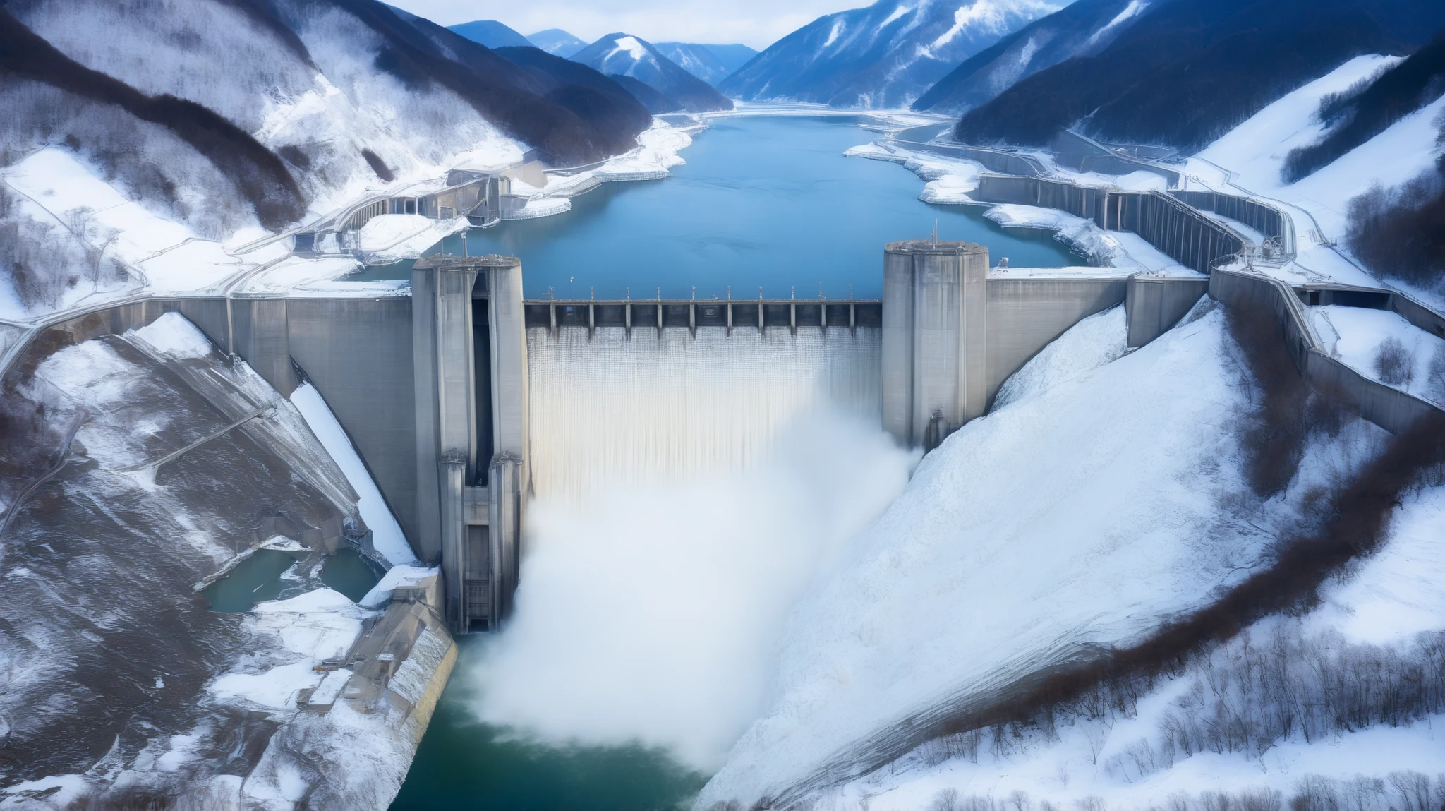 8k,Ultra Hi-Res:high resolution images、(realistic expression:1.5),Toyama Prefecture、(the huge Kurobe dam that was completed:1.5)、(The elegance and treatment of Kurobe Dam:1.5),(The huge Kurobe Arch Dam that was completed:1.5),(teeth、It flows like fog from the 186-meter-high gravity arch dam:1.5),(The majestic atmosphere of the supermassive structure:1.5),(Image taken from above:1.5),(ダムの底にteeth水力発電所があります:1.5),I dammed the Kurobe River、The dam lake's water storage capacity is now full,(The exterior of the majestic dam:1.5)、(Mega Structure:1.5),(The center of the dam２point:1.5),(the huge Kurobe dam that was completed:1.5),(the huge Kurobe dam that was completed:1.5),