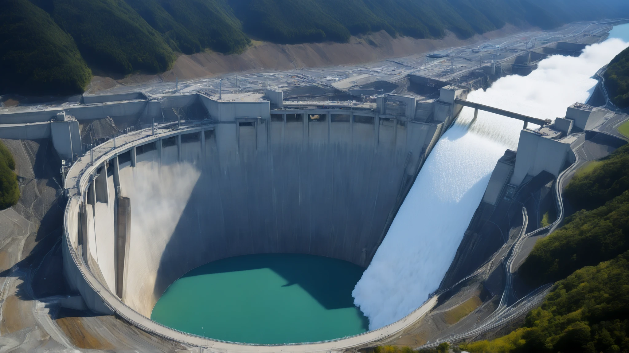 8k,Ultra Hi-Res:high resolution images、(realistic expression:1.5),Toyama Prefecture、(the huge Kurobe dam that was completed:1.5)、(The elegance and treatment of Kurobe Dam:1.5),(The huge Kurobe Arch Dam that was completed:1.5),(teeth、It flows like fog from the 186-meter-high gravity arch dam:1.5),(The majestic atmosphere of the supermassive structure:1.5),(Image taken from above:1.5),(ダムの底にteeth水力発電所があります:1.5),I dammed the Kurobe River、The dam lake's water storage capacity is now full,(The exterior of the majestic dam:1.5)、(Mega Structure:1.5),(The center of the dam2point:1.5),(the huge Kurobe dam that was completed:1.5),(the huge Kurobe dam that was completed:1.5),