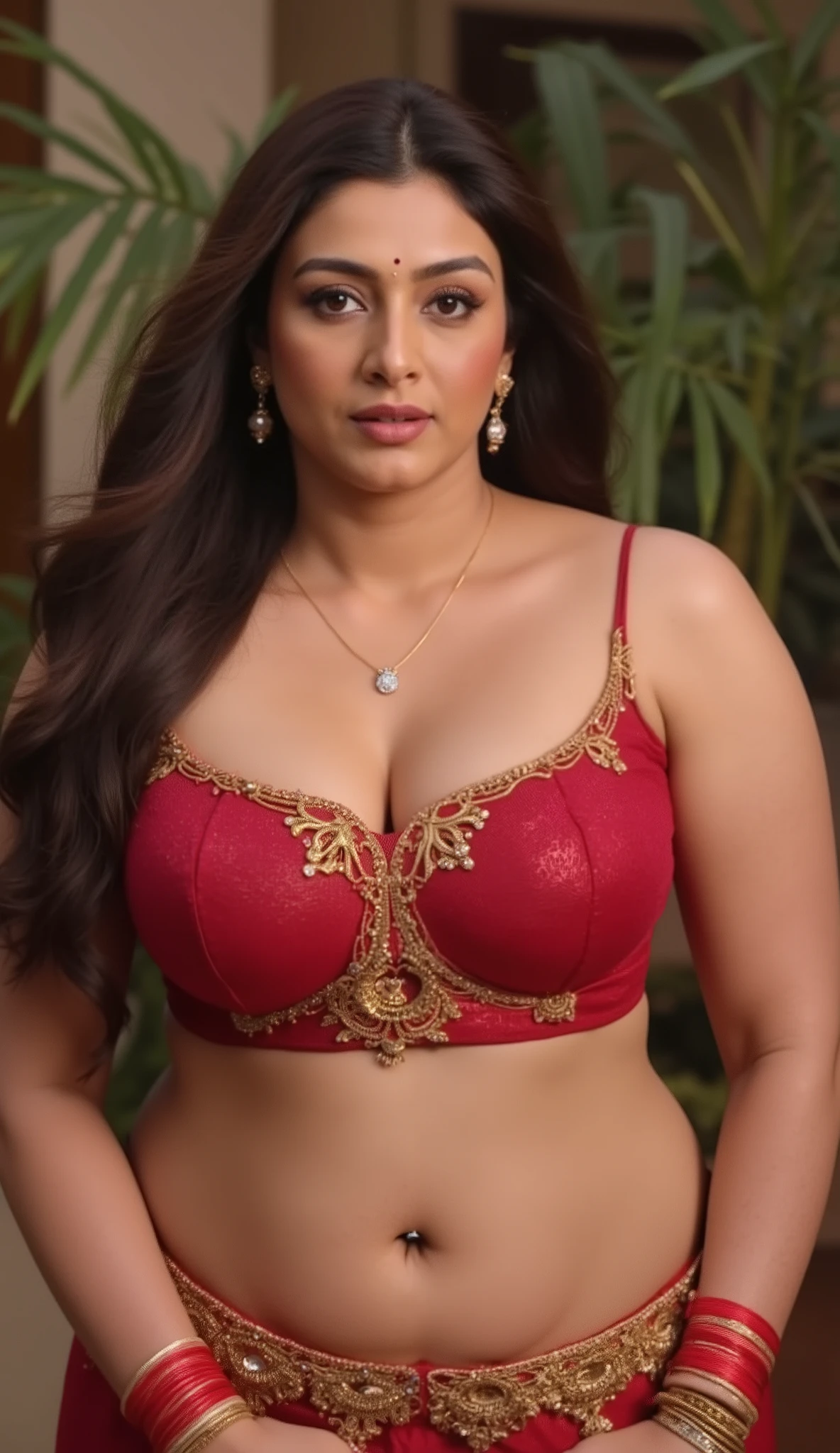 transparent blouse, Bra/Breast Size, 34 inches ; Waist Size, 28 inches ; Hip Size, 30inches.,visible breast and nipples,ultrarealist, intricate details,image of perfect curvy thick milf bbw Goddess tabu wearing a stanapatta chest bandwith intricate indian design also have golden jewelry,very thick milf body,naval long hair, white skin tone, red lips, 8k,hyper realistic image, ear rings, nose ring with diamond, naked , naked breast. Mini skirts