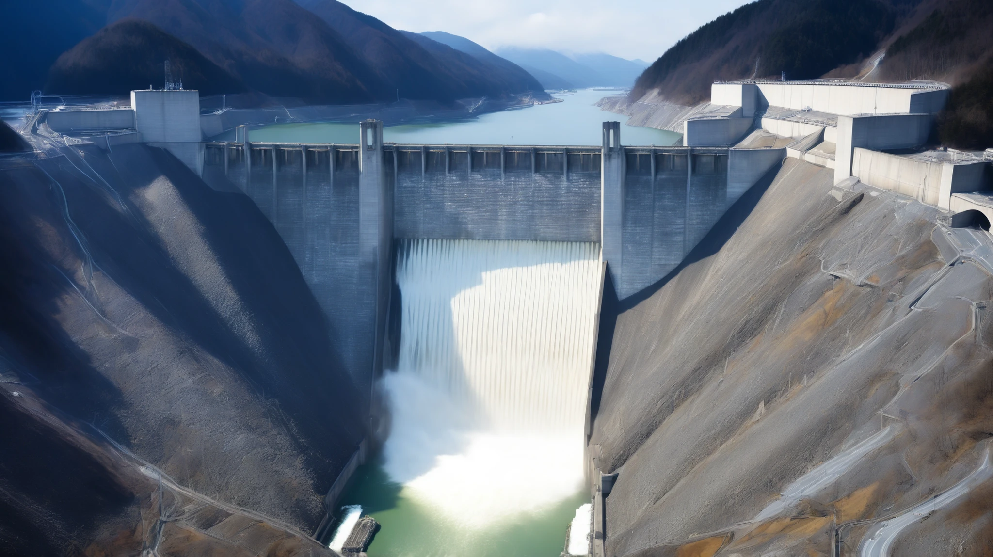 8k,Ultra Hi-Res:high resolution images、(realistic expression:1.5),Toyama Prefecture、(the huge Kurobe dam that was completed:1.5)、(The elegance and treatment of Kurobe Dam:1.5),(The huge Kurobe Arch Dam that was completed:1.5),(teeth、It flows like fog from the 186-meter-high gravity arch dam:1.5),(The majestic atmosphere of the supermassive structure:1.5),(Image taken from above:1.5),(ダムの底にteeth水力発電所があります:1.5),I dammed the Kurobe River、The dam lake's water storage capacity is now full,(The exterior of the majestic dam:1.5)、(Mega Structure:1.5),(The center of the dam2point:1.5),(the huge Kurobe dam that was completed:1.5),(the huge Kurobe dam that was completed:1.5),