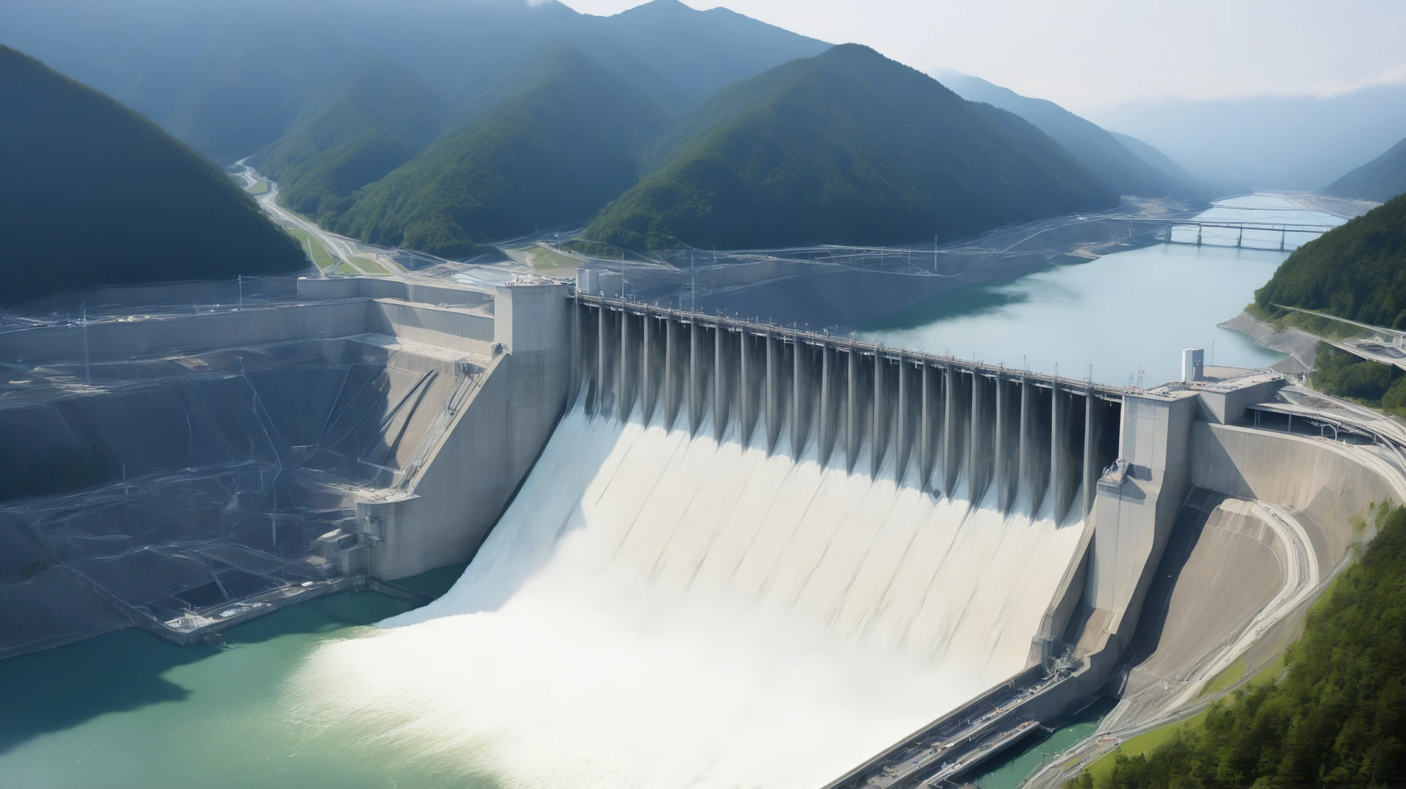 8k,Ultra Hi-Res:high resolution images、(realistic expression:1.5),Toyama Prefecture、(the huge Kurobe dam that was completed:1.5)、(The elegance and treatment of Kurobe Dam:1.5),(The huge Kurobe Arch Dam that was completed:1.5),(teeth、It flows like fog from the 186-meter-high gravity arch dam:1.5),(The majestic atmosphere of the supermassive structure:1.5),(Image taken from above:1.5),(ダムの底にteeth水力発電所があります:1.5),I dammed the Kurobe River、The dam lake's water storage capacity is now full,(The exterior of the majestic dam:1.5)、(Mega Structure:1.5),(The center of the dam2point:1.5),(the huge Kurobe dam that was completed:1.5),(the huge Kurobe dam that was completed:1.5),