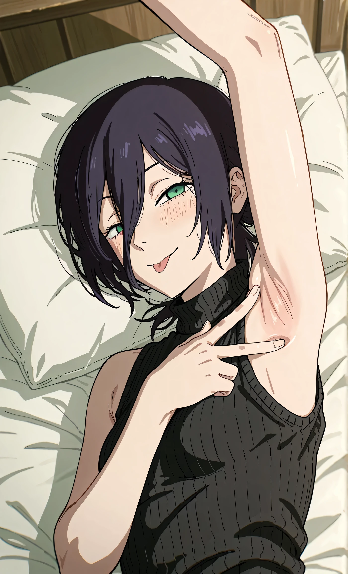 masterpiece, best quality, amazing quality, anime screencap, anime coloring, 1girl, solo, rezeanime, anime, chainsaw man, reze \(chainsaw man\), green eyes, medium hair, hair between eyes, single hair bun, black sweater, sleeveless sweater, ribbed sweater, turtleneck, arm up, raised arm, armpit, armpit focus, head towards viewer, looking at viewer, smile, narrowed eyes, blush, closed mouth, lying in bed, lying on side, from above, pillow, (spread armpit:1.2), tongue, tongue out, showing tongue, teasing