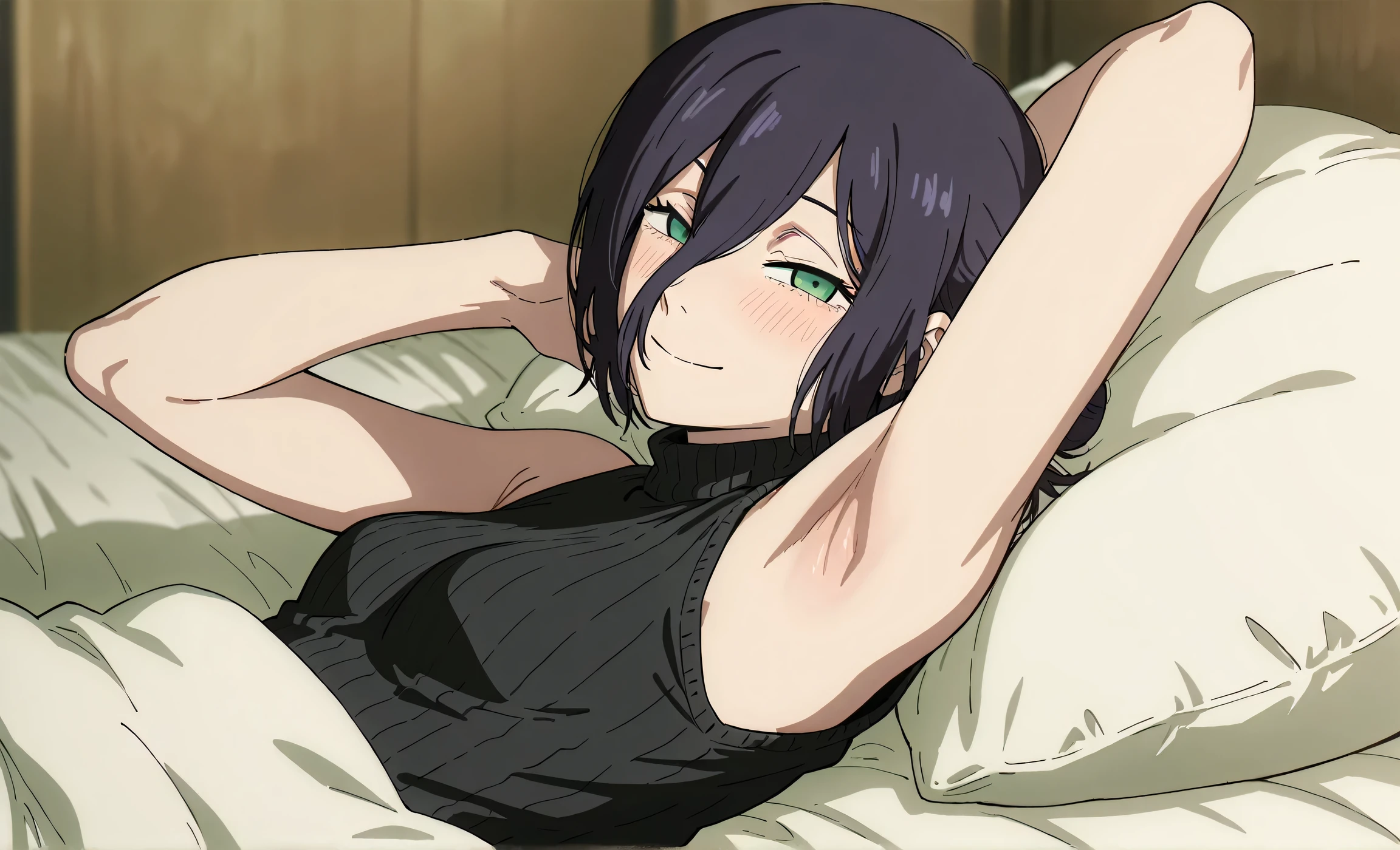 masterpiece, best quality, amazing quality, anime screencap, anime coloring, 1girl, solo, rezeanime, anime, chainsaw man, reze \(chainsaw man\), green eyes, medium hair, hair between eyes, single hair bun, black sweater, sleeveless sweater, ribbed sweater, turtleneck, arm behind head, armpit, armpit focus, head towards viewer, looking at viewer, smile, narrowed eyes, blush, closed mouth, lying in bed, from side, sideview, pillow
