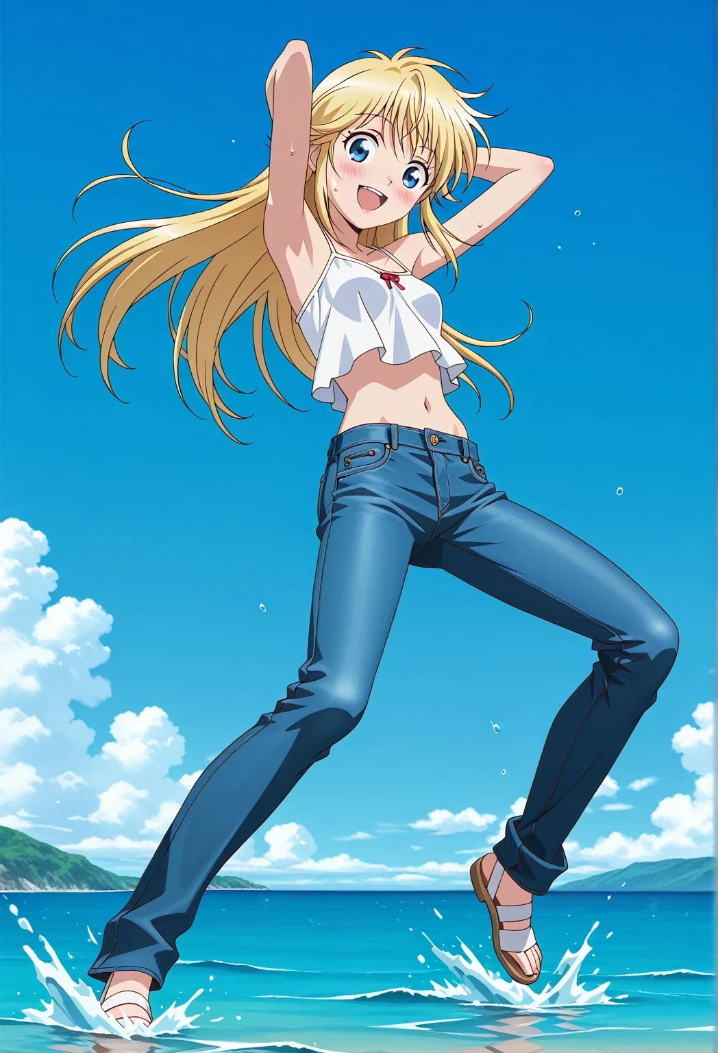 score_9, score_8_up, score_7_up, source_anime, highres, hi res, ((best quality, top quality, perfect quality, Highest Quality, amazing quality)), {{masterpiece}}, {{an extremely delicate and beautiful}}, 2d, intricate details, official style, anime, 8k, anime style, official_anime, official art, digital painting, cell shading, soft shading, high resolution, soothing tones, Subdued Color, Soft cinematic light, adobe lightroom, photolab, HDR, intricately and hyper-detailed, ((high quality animation)), 1 girl, Alone, solo, ((ocean)), tsunami, on the water, day, sunny, outdoors, sky, windy, Cleao Everlasting, blue eyes, blonde hair, long hair, anime screencap, small breasts, white camisole top, crop top, white crop top, best quality, hyper-detailed jeans, ((blue jeans:1.9)), (dark blue jeans:0.6), full medium body, medium shot, Open mouth, smiling, happy face, blush, sweat, standing, ((arms behind head:6.0)), bowlegged, jumping pose, action, looking at viewer, spread legs, Bend knees slightly, straight-on front view