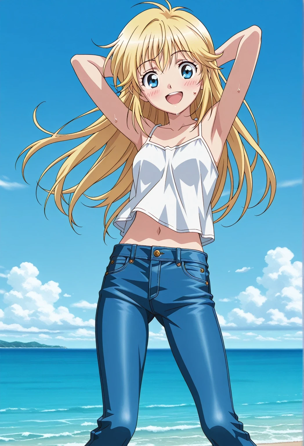 score_9, score_8_up, score_7_up, source_anime, highres, hi res, ((best quality, top quality, perfect quality, Highest Quality, amazing quality)), {{masterpiece}}, {{an extremely delicate and beautiful}}, 2d, intricate details, official style, anime, 8k, anime style, official_anime, official art, digital painting, cell shading, soft shading, high resolution, soothing tones, Subdued Color, Soft cinematic light, adobe lightroom, photolab, HDR, intricately and hyper-detailed, ((high quality animation)), 1 girl, Alone, solo, ((ocean)), tsunami, on the water, day, sunny, outdoors, sky, windy, Cleao Everlasting, blue eyes, blonde hair, long hair, anime screencap, small breasts, white camisole top, crop top, white crop top, best quality, hyper-detailed jeans, ((blue jeans:1.9)), (dark blue jeans:0.6), full medium body, medium shot, Open mouth, smiling, happy face, blush, sweat, standing, ((arms behind head:6.0)), bowlegged, sliding pose, action, looking at viewer, spread legs, Bend knees slightly, straight-on front view