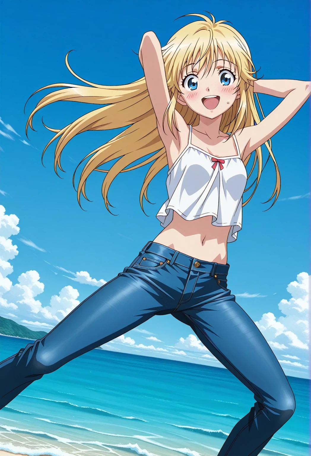score_9, score_8_up, score_7_up, source_anime, highres, hi res, ((best quality, top quality, perfect quality, Highest Quality, amazing quality)), {{masterpiece}}, {{an extremely delicate and beautiful}}, 2d, intricate details, official style, anime, 8k, anime style, official_anime, official art, digital painting, cell shading, soft shading, high resolution, soothing tones, Subdued Color, Soft cinematic light, adobe lightroom, photolab, HDR, intricately and hyper-detailed, ((high quality animation)), 1 girl, Alone, solo, ((ocean)), tsunami, on the water, day, sunny, outdoors, sky, windy, Cleao Everlasting, blue eyes, blonde hair, long hair, anime screencap, small breasts, white camisole top, crop top, white crop top, best quality, hyper-detailed jeans, ((blue jeans:1.9)), (dark blue jeans:0.6), full medium body, medium shot, Open mouth, smiling, happy face, blush, sweat, standing, ((arms behind head:6.0)), bowlegged, jumping pose, action, looking at viewer, spread legs, Bend knees slightly, straight-on front view