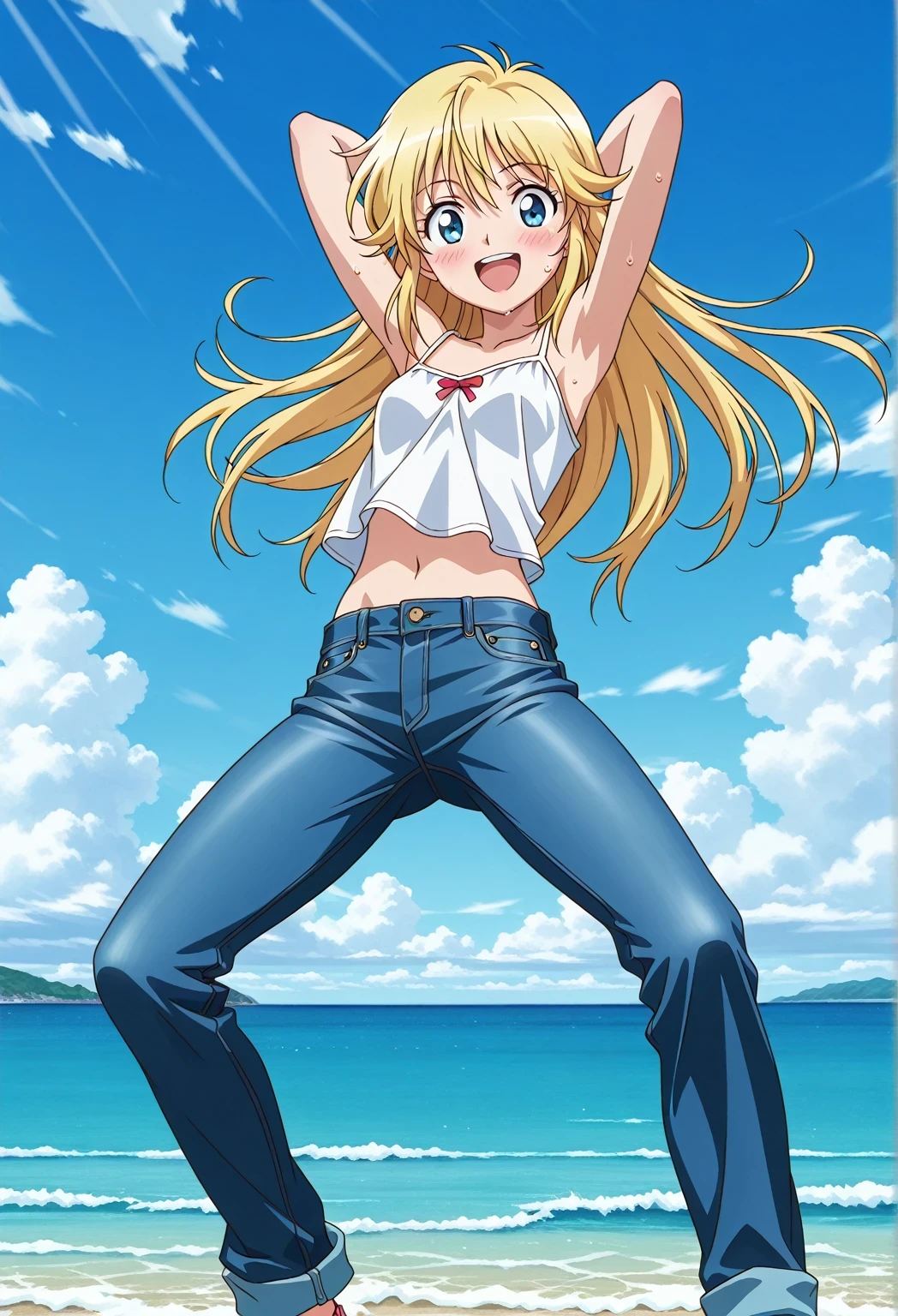 score_9, score_8_up, score_7_up, source_anime, highres, hi res, ((best quality, top quality, perfect quality, Highest Quality, amazing quality)), {{masterpiece}}, {{an extremely delicate and beautiful}}, 2d, intricate details, official style, anime, 8k, anime style, official_anime, official art, digital painting, cell shading, soft shading, high resolution, soothing tones, Subdued Color, Soft cinematic light, adobe lightroom, photolab, HDR, intricately and hyper-detailed, ((high quality animation)), 1 girl, Alone, solo, ((ocean)), tsunami, on the water, day, sunny, outdoors, sky, windy, Cleao Everlasting, blue eyes, blonde hair, long hair, anime screencap, small breasts, white camisole top, crop top, white crop top, best quality, hyper-detailed jeans, ((blue jeans:1.9)), (dark blue jeans:0.6), full medium body, medium shot, Open mouth, smiling, happy face, blush, sweat, standing, ((arms behind head:6.0)), bowlegged, jumping pose, action, looking at viewer, spread legs, Bend knees slightly, straight-on front view