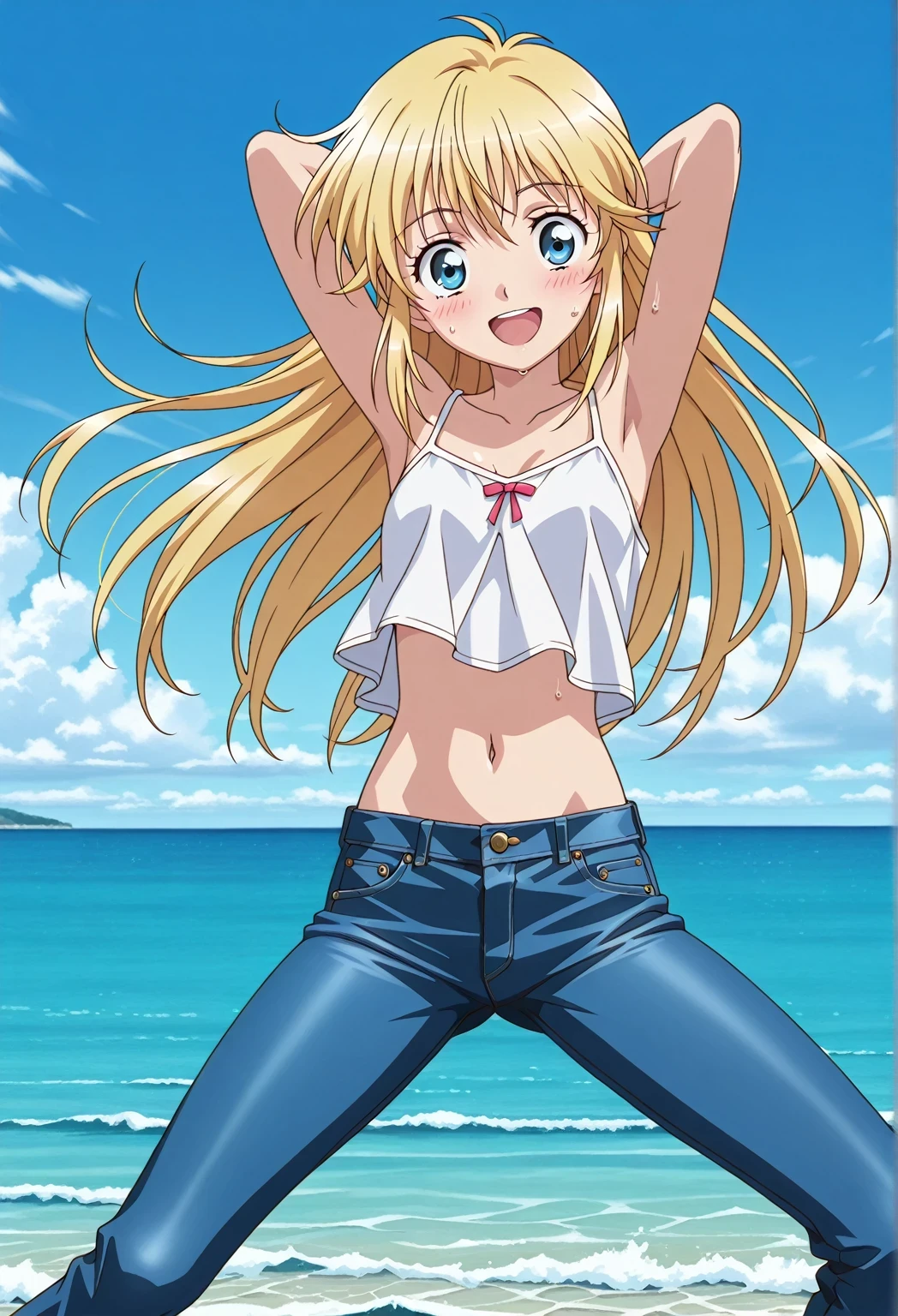 score_9, score_8_up, score_7_up, source_anime, highres, hi res, ((best quality, top quality, perfect quality, Highest Quality, amazing quality)), {{masterpiece}}, {{an extremely delicate and beautiful}}, 2d, intricate details, official style, anime, 8k, anime style, official_anime, official art, digital painting, cell shading, soft shading, high resolution, soothing tones, Subdued Color, Soft cinematic light, adobe lightroom, photolab, HDR, intricately and hyper-detailed, ((high quality animation)), 1 girl, Alone, solo, ((ocean)), tsunami, on the water, day, sunny, outdoors, sky, windy, Cleao Everlasting, blue eyes, blonde hair, long hair, anime screencap, small breasts, white camisole top, crop top, white crop top, best quality, hyper-detailed jeans, ((blue jeans:1.9)), (dark blue jeans:0.6), full medium body, medium shot, Open mouth, smiling, happy face, blush, sweat, standing, ((arms behind head:6.0)), bowlegged, sliding pose, action, looking at viewer, spread legs, Bend knees slightly, straight-on front view