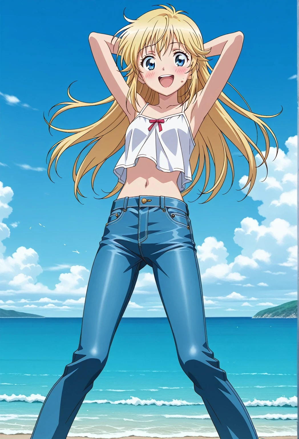 score_9, score_8_up, score_7_up, source_anime, highres, hi res, ((best quality, top quality, perfect quality, Highest Quality, amazing quality)), {{masterpiece}}, {{an extremely delicate and beautiful}}, 2d, intricate details, official style, anime, 8k, anime style, official_anime, official art, digital painting, cell shading, soft shading, high resolution, soothing tones, Subdued Color, Soft cinematic light, adobe lightroom, photolab, HDR, intricately and hyper-detailed, ((high quality animation)), 1 girl, Alone, solo, ((ocean)), tsunami, on the water, day, sunny, outdoors, sky, windy, Cleao Everlasting, blue eyes, blonde hair, long hair, anime screencap, small breasts, white camisole top, crop top, white crop top, best quality, hyper-detailed jeans, ((blue jeans:1.9)), (dark blue jeans:0.6), full medium body, medium shot, Open mouth, smiling, happy face, blush, sweat, standing, ((arms behind head:6.0)), bowlegged, sliding pose, action, looking at viewer, spread legs, Bend knees slightly, straight-on front view