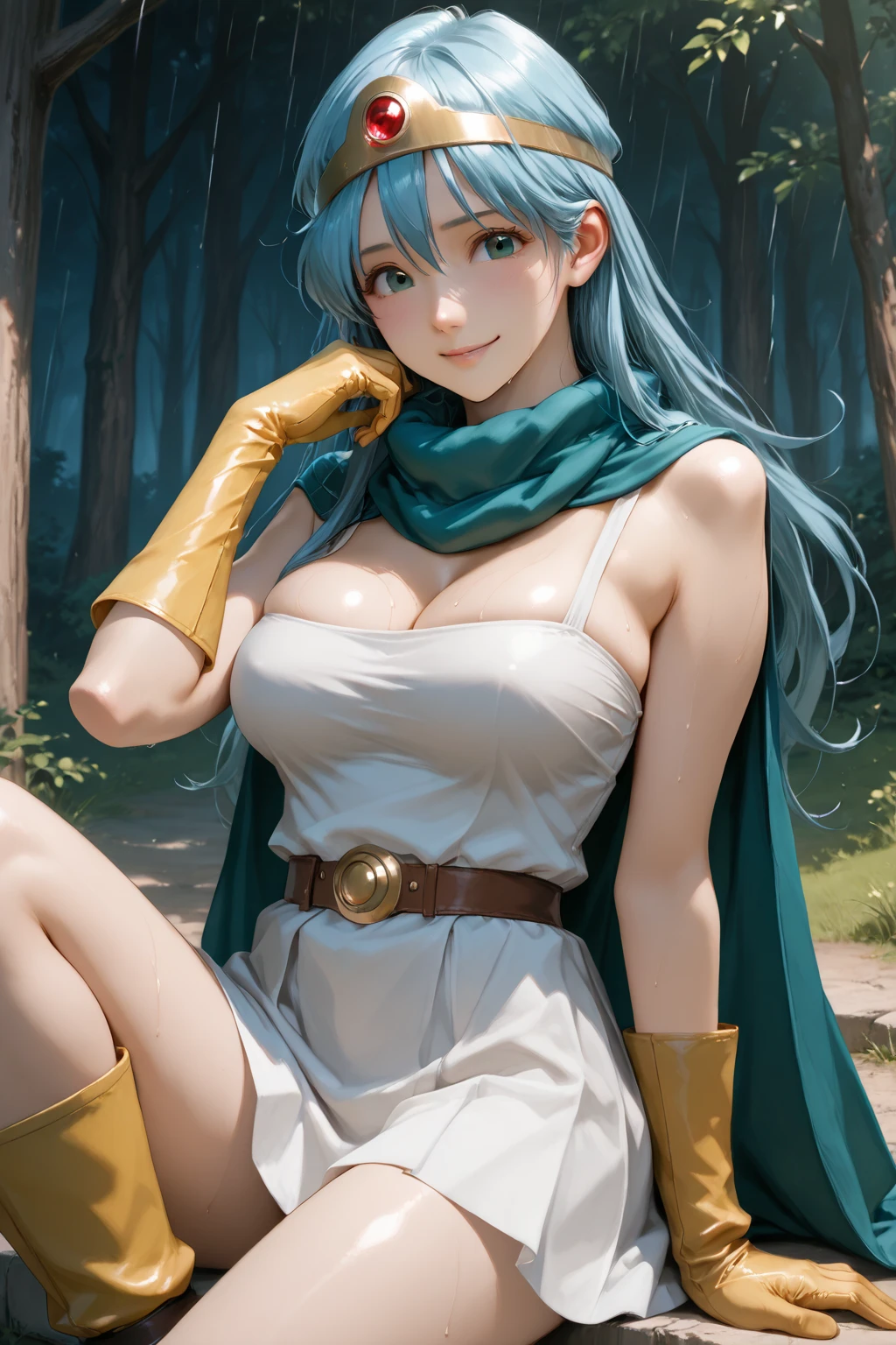 (Very detailed,Highest quality,4K,8K,16K,High resolution,masterpiece:1.2),(Perfect hands,Perfect Legs),(Realistic,photoRealistic,photo-Realistic:1.37),One Woman, Sage, Red eyes, Blue Hair, Long Hair, Ahoge, Circlet, White Dress, gloves, Blue Cape, Yellow footwear Beautifully detailed sweat glands,Smooth skin texture,Carefully drawn,

Lively expressions,(Big Breasts),Sticky with sweat,Use magic,In a dynamic pose,

Dragon Quest,Outdoor,forest