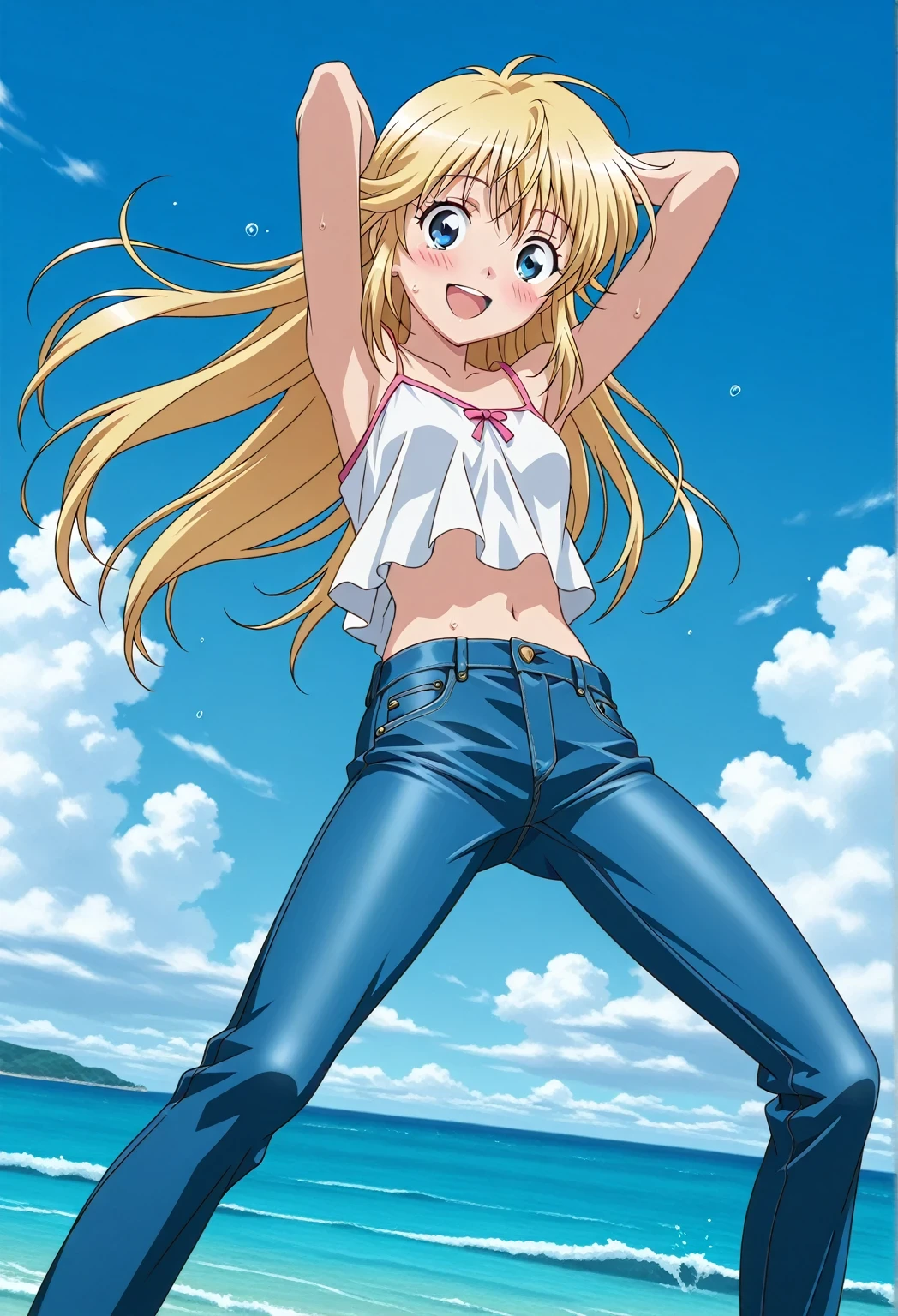 score_9, score_8_up, score_7_up, source_anime, highres, hi res, ((best quality, top quality, perfect quality, Highest Quality, amazing quality)), {{masterpiece}}, {{an extremely delicate and beautiful}}, 2d, intricate details, official style, anime, 8k, anime style, official_anime, official art, digital painting, cell shading, soft shading, high resolution, soothing tones, Subdued Color, Soft cinematic light, adobe lightroom, photolab, HDR, intricately and hyper-detailed, ((high quality animation)), 1 girl, Alone, solo, ((ocean)), tsunami, on the water, day, sunny, outdoors, sky, windy, Cleao Everlasting, blue eyes, blonde hair, long hair, anime screencap, small breasts, white camisole top, crop top, white crop top, best quality, hyper-detailed jeans, ((blue jeans:1.9)), (dark blue jeans:0.6), full medium body, medium shot, Open mouth, smiling, happy face, blush, sweat, standing, ((arms behind head:6.0)), bowlegged, jumping pose, action, looking at viewer, spread legs, Bend knees slightly, straight-on front view