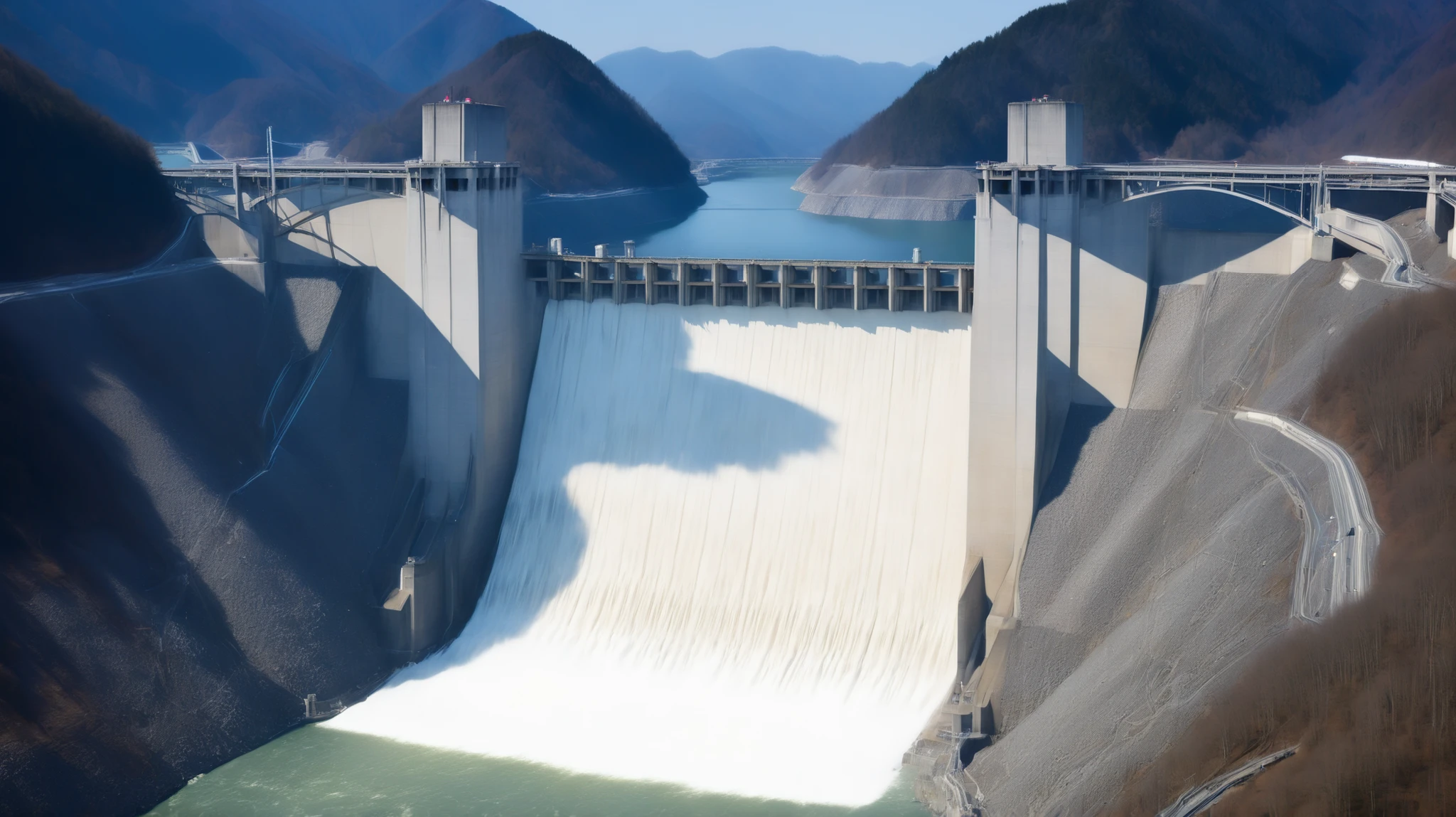 8k,Ultra Hi-Res:high resolution images、(realistic expression:1.5),Toyama Prefecture、(the huge Kurobe dam that was completed:1.5)、(The elegance and treatment of Kurobe Dam:1.5),(The huge Kurobe Arch Dam that was completed:1.5),(teeth、It flows like fog from the 186-meter-high gravity arch dam:1.5),(The majestic atmosphere of the supermassive structure:1.5),(Image taken from above:1.5),(ダムの底にteeth水力発電所があります:1.5),I dammed the Kurobe River、The dam lake's water storage capacity is now full,(The exterior of the majestic dam:1.5)、(Mega Structure:1.5),(The center of the dam2point:1.5),(the huge Kurobe dam that was completed:1.5),(the huge Kurobe dam that was completed:1.5),