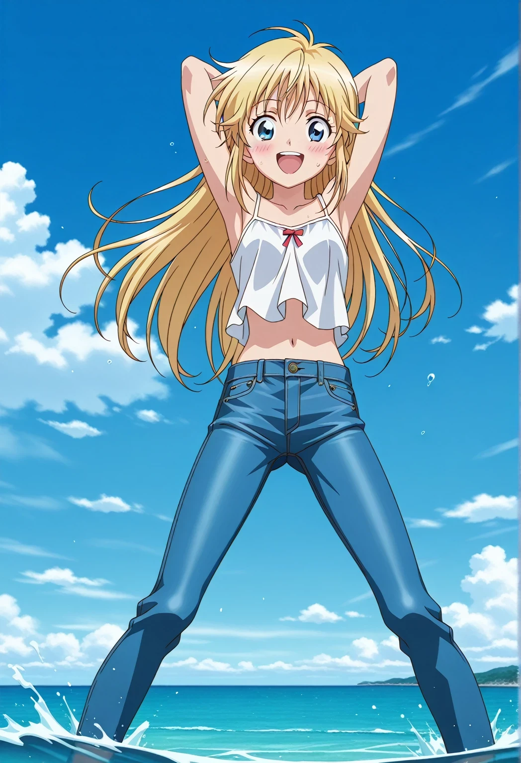 score_9, score_8_up, score_7_up, source_anime, highres, hi res, ((best quality, top quality, perfect quality, Highest Quality, amazing quality)), {{masterpiece}}, {{an extremely delicate and beautiful}}, 2d, intricate details, official style, anime, 8k, anime style, official_anime, official art, digital painting, cell shading, soft shading, high resolution, soothing tones, Subdued Color, Soft cinematic light, adobe lightroom, photolab, HDR, intricately and hyper-detailed, ((high quality animation)), 1 girl, Alone, solo, ((ocean)), tsunami, on the water, day, sunny, outdoors, sky, windy, Cleao Everlasting, blue eyes, blonde hair, long hair, anime screencap, small breasts, white camisole top, crop top, white crop top, best quality, hyper-detailed jeans, ((blue jeans:1.9)), (dark blue jeans:0.6), full medium body, medium shot, Open mouth, smiling, happy face, blush, sweat, standing, ((arms behind head:6.0)), bowlegged, sliding pose, action, looking at viewer, spread legs, Bend knees slightly, straight-on front view