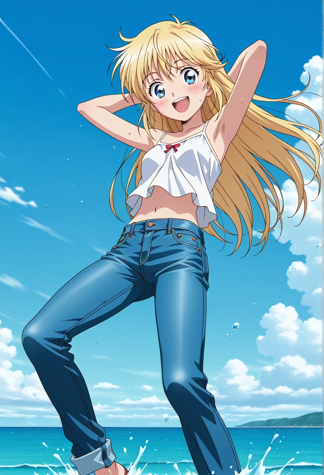 score_9, score_8_up, score_7_up, source_anime, highres, hi res, ((best quality, top quality, perfect quality, Highest Quality, amazing quality)), {{masterpiece}}, {{an extremely delicate and beautiful}}, 2d, intricate details, official style, anime, 8k, anime style, official_anime, official art, digital painting, cell shading, soft shading, high resolution, soothing tones, Subdued Color, Soft cinematic light, adobe lightroom, photolab, HDR, intricately and hyper-detailed, ((high quality animation)), 1 girl, Alone, solo, ((ocean)), tsunami, on the water, day, sunny, outdoors, sky, windy, Cleao Everlasting, blue eyes, blonde hair, long hair, anime screencap, small breasts, white camisole top, crop top, white crop top, best quality, hyper-detailed jeans, ((blue jeans:1.9)), (dark blue jeans:0.6), full medium body, medium shot, Open mouth, smiling, happy face, blush, sweat, standing, ((arms behind head:6.0)), bowlegged, jumping pose, action, looking at viewer, spread legs, Bend knees slightly, straight-on front view