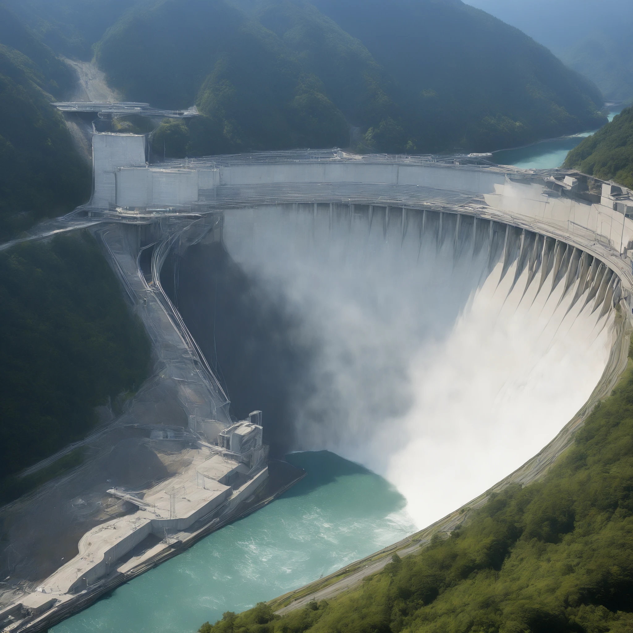 8k,Ultra Hi-Res:high resolution images、(realistic expression:1.5),Toyama Prefecture、(the huge Kurobe dam that was completed:1.5)、(The elegance and treatment of Kurobe Dam:1.5),(The huge Kurobe Arch Dam that was completed:1.5),(It flows like fog from the 186-meter-high gravity arch dam:1.5),(The majestic atmosphere of the supermassive structure:1.5),(Image taken from above:1.5),(There is a tooth hydroelectric power plant at the bottom of the dam:1.5),I dammed the Kurobe River、The dam lake's water storage capacity is now full,(The exterior of the majestic dam:1.5)、(Mega Structure:1.5),(The center of the dam2point:1.5),(The huge arch that was completed Kurobe dam:1.5),(The huge Kurobe Arch Dam that was completed:1.5),