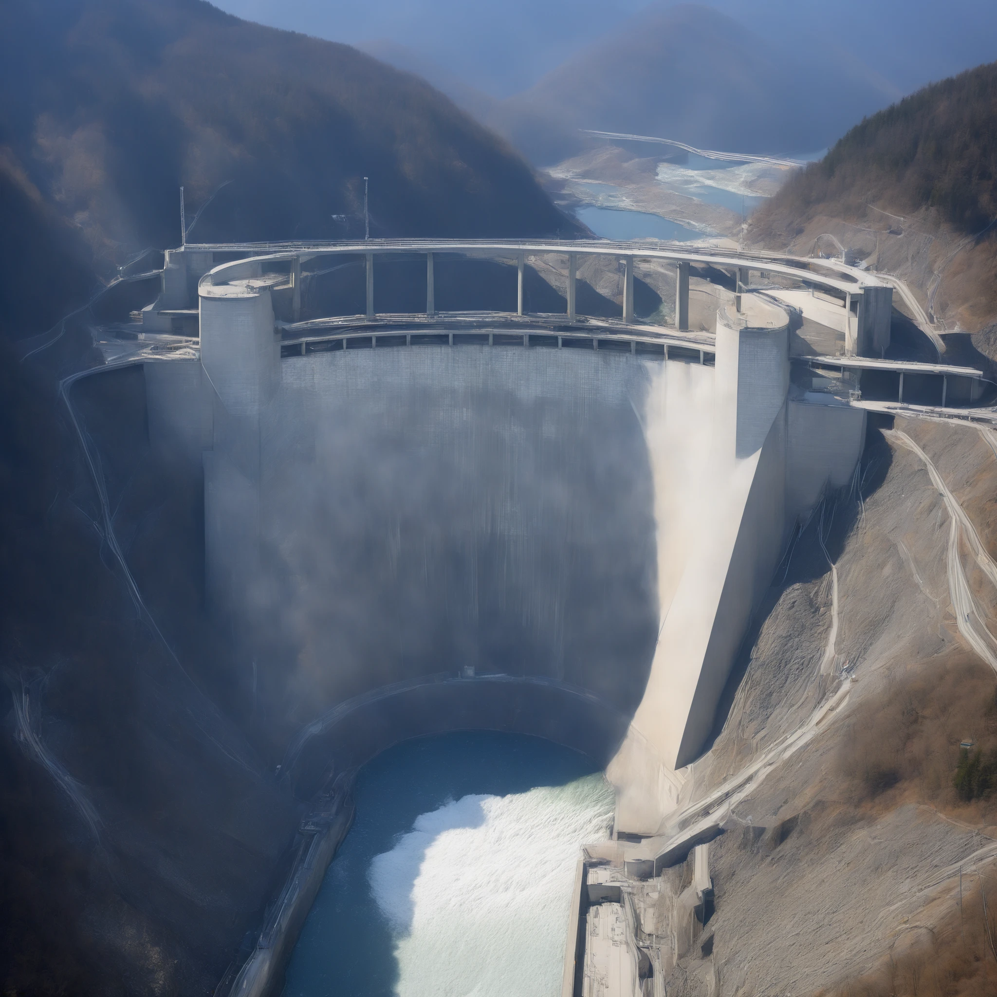 8k,Ultra Hi-Res:high resolution images、(realistic expression:1.5),Toyama Prefecture、(the huge Kurobe dam that was completed:1.5)、(The elegance and treatment of Kurobe Dam:1.5),(The huge Kurobe Arch Dam that was completed:1.5),(It flows like fog from the 186-meter-high gravity arch dam:1.5),(The majestic atmosphere of the supermassive structure:1.5),(Image taken from above:1.5),(There is a tooth hydroelectric power plant at the bottom of the dam:1.5),I dammed the Kurobe River、The dam lake's water storage capacity is now full,(The exterior of the majestic dam:1.5)、(Mega Structure:1.5),(The center of the dam2point:1.5),(The huge arch that was completed Kurobe dam:1.5),(The huge Kurobe Arch Dam that was completed:1.5),